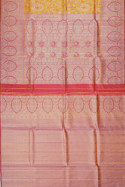 Kanchipuram Silk Tissue Jaal Mustard Yellow Saree