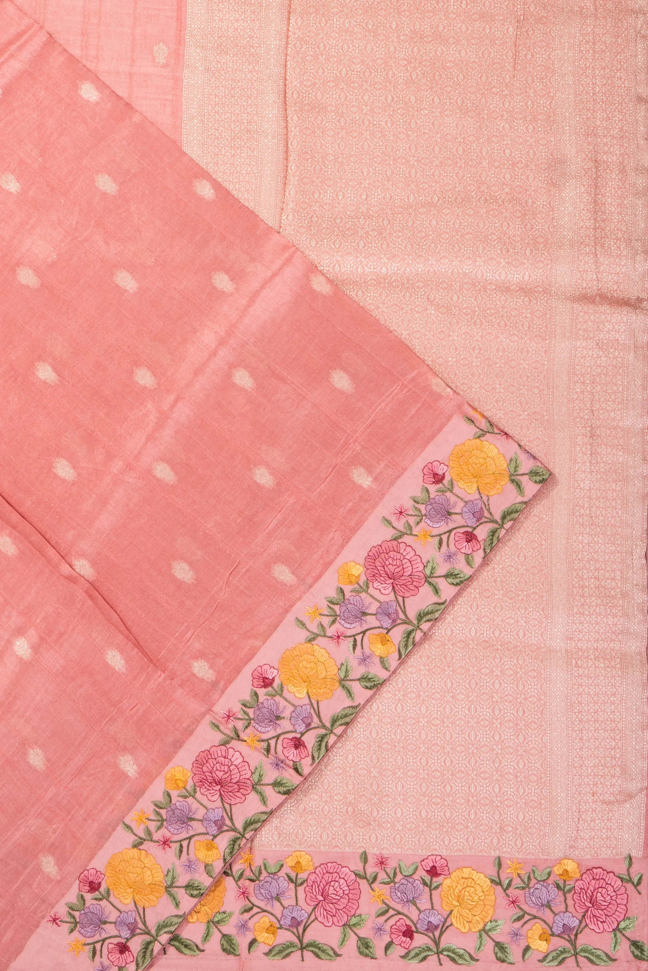 Tussar Butta Peach Saree With Embroidery Border