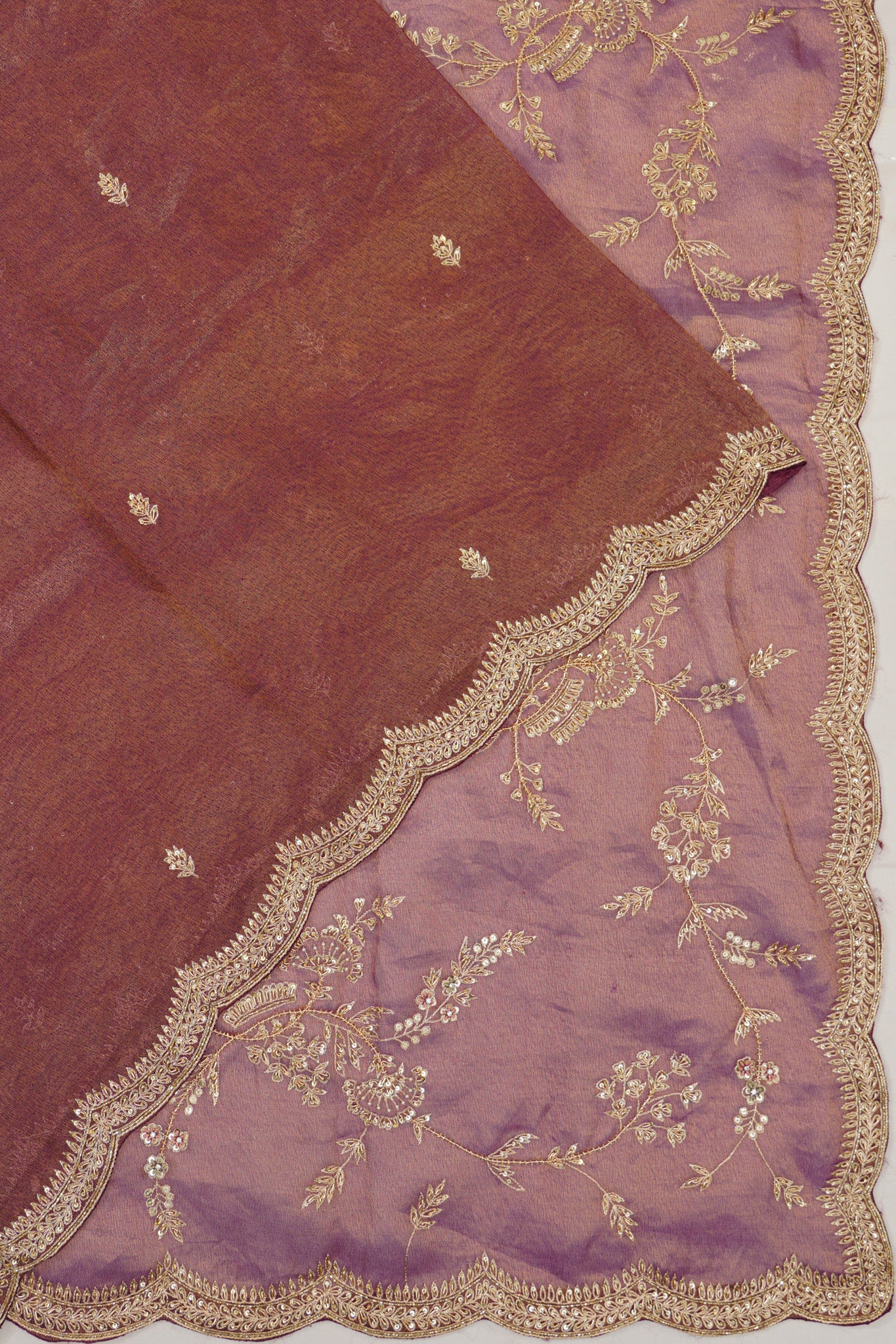 Organza Tissue Embroidery Butta Brown Saree With Scallop Border