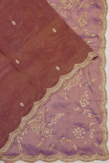 Organza Tissue Embroidery Butta Brown Saree With Scallop Border
