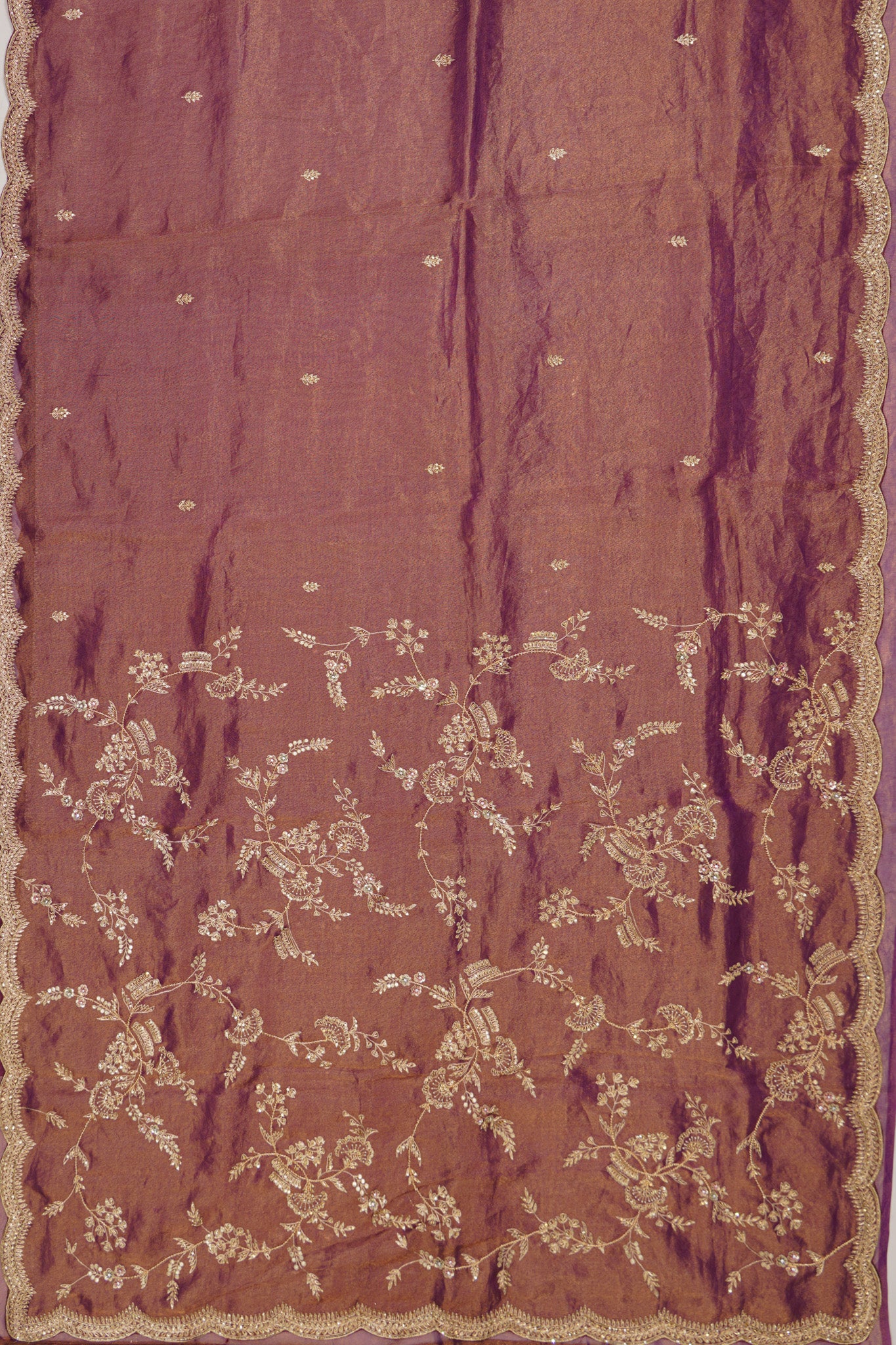 Organza Tissue Embroidery Butta Brown Saree With Scallop Border