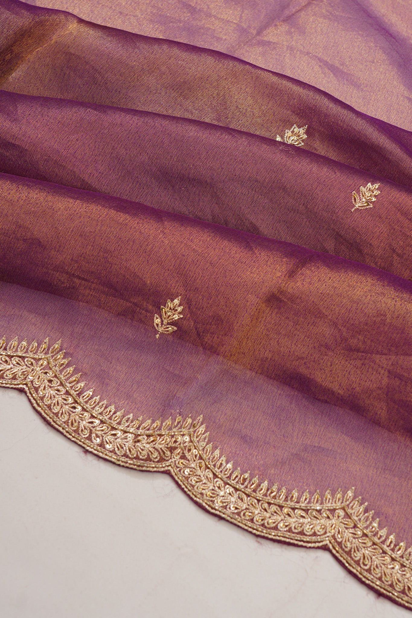Organza Tissue Embroidery Butta Brown Saree With Scallop Border