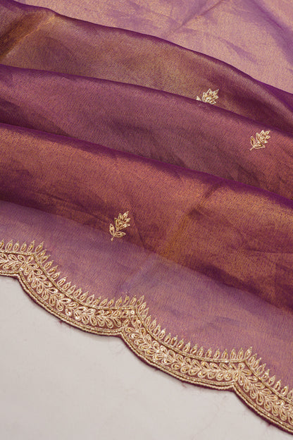 Organza Tissue Embroidery Butta Brown Saree With Scallop Border