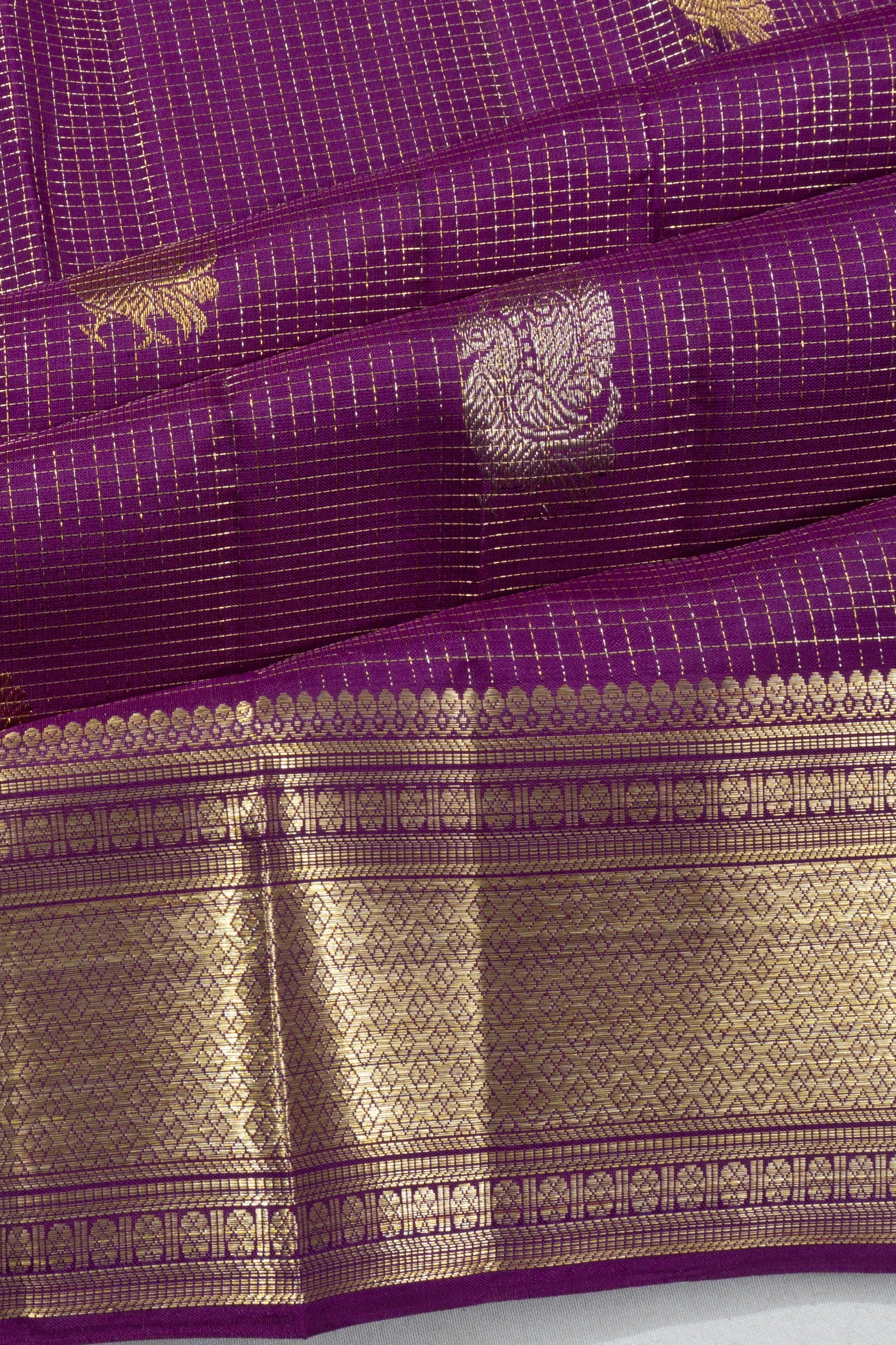 Kanchipuram Silk Checks And Butta Purple Saree