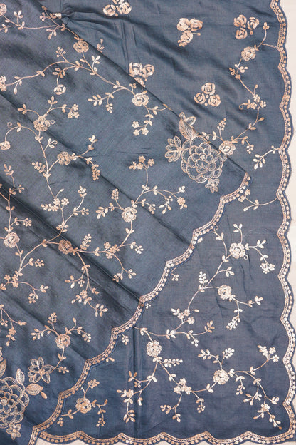 Tussar Embroidery Jaal Elephant Grey Saree With Scallop Border