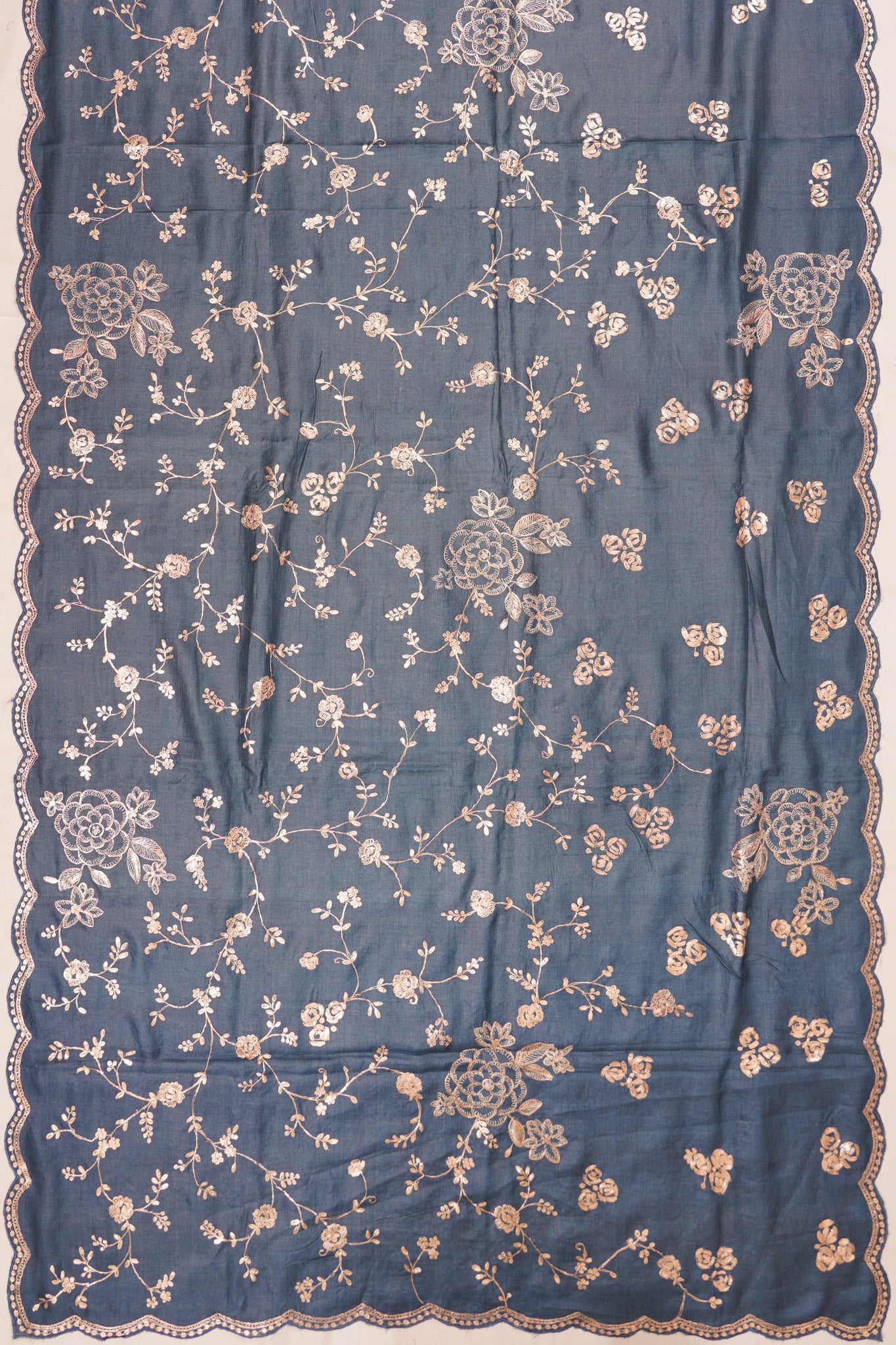 Tussar Embroidery Jaal Elephant Grey Saree With Scallop Border