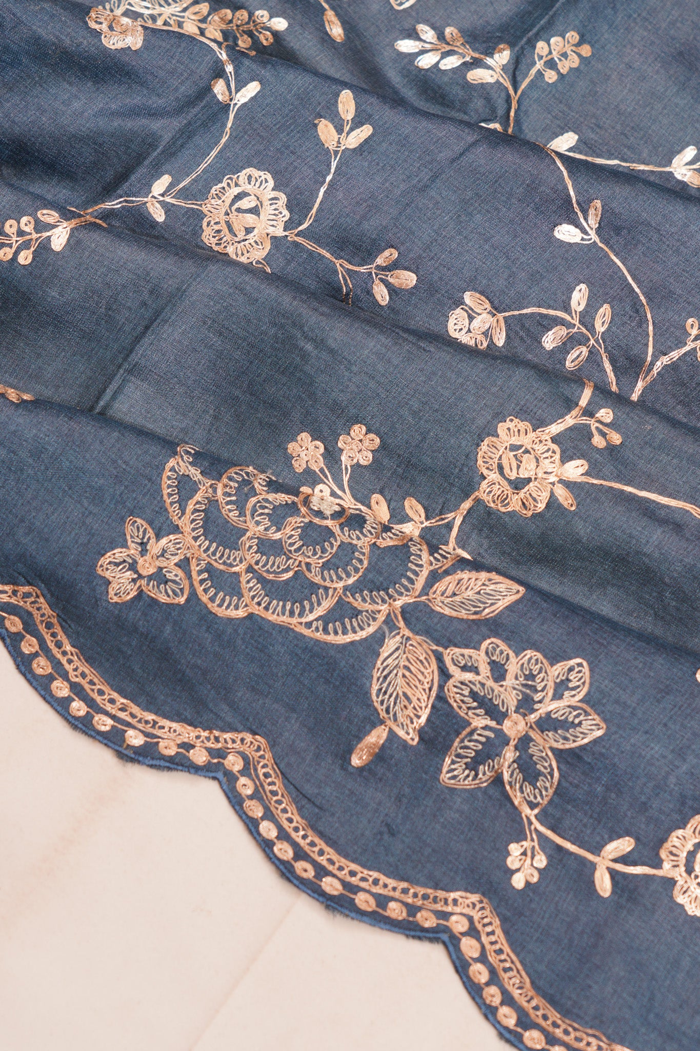 Tussar Embroidery Jaal Elephant Grey Saree With Scallop Border