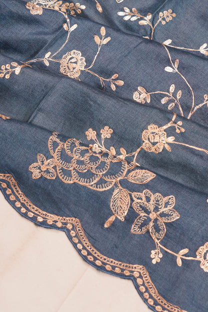 Tussar Embroidery Jaal Elephant Grey Saree With Scallop Border