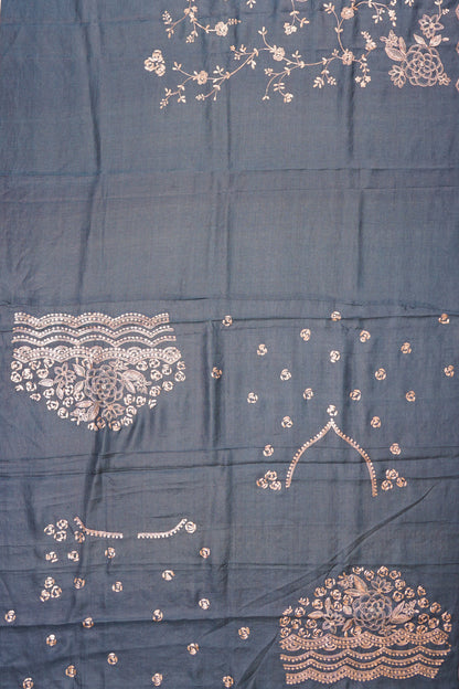 Tussar Embroidery Jaal Elephant Grey Saree With Scallop Border