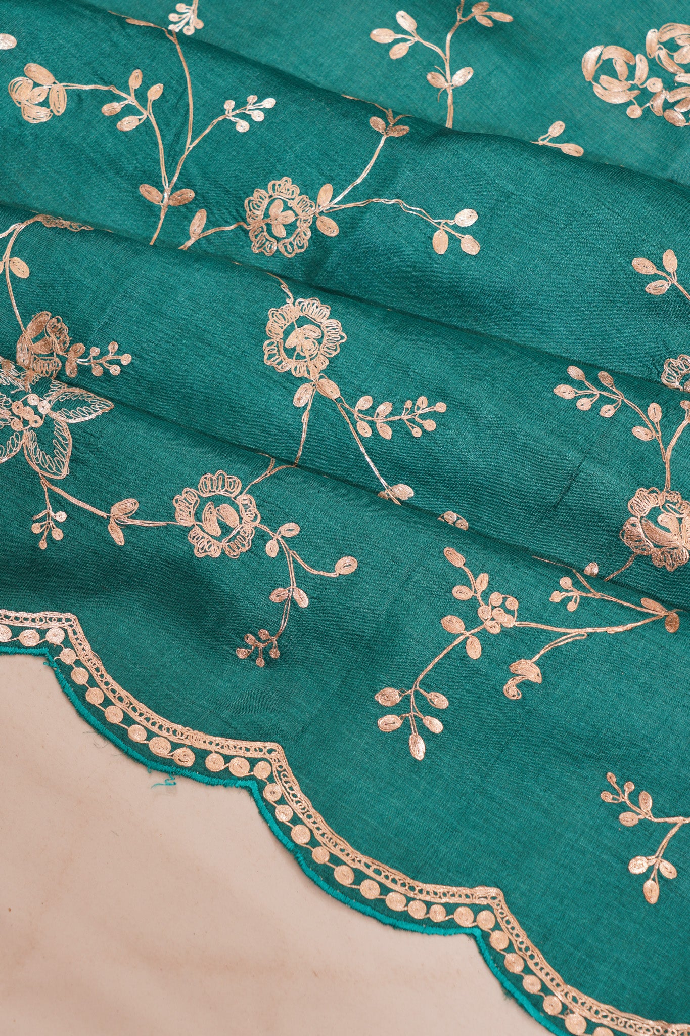 Tussar Embroidery Jaal Green Saree With Scallop Border