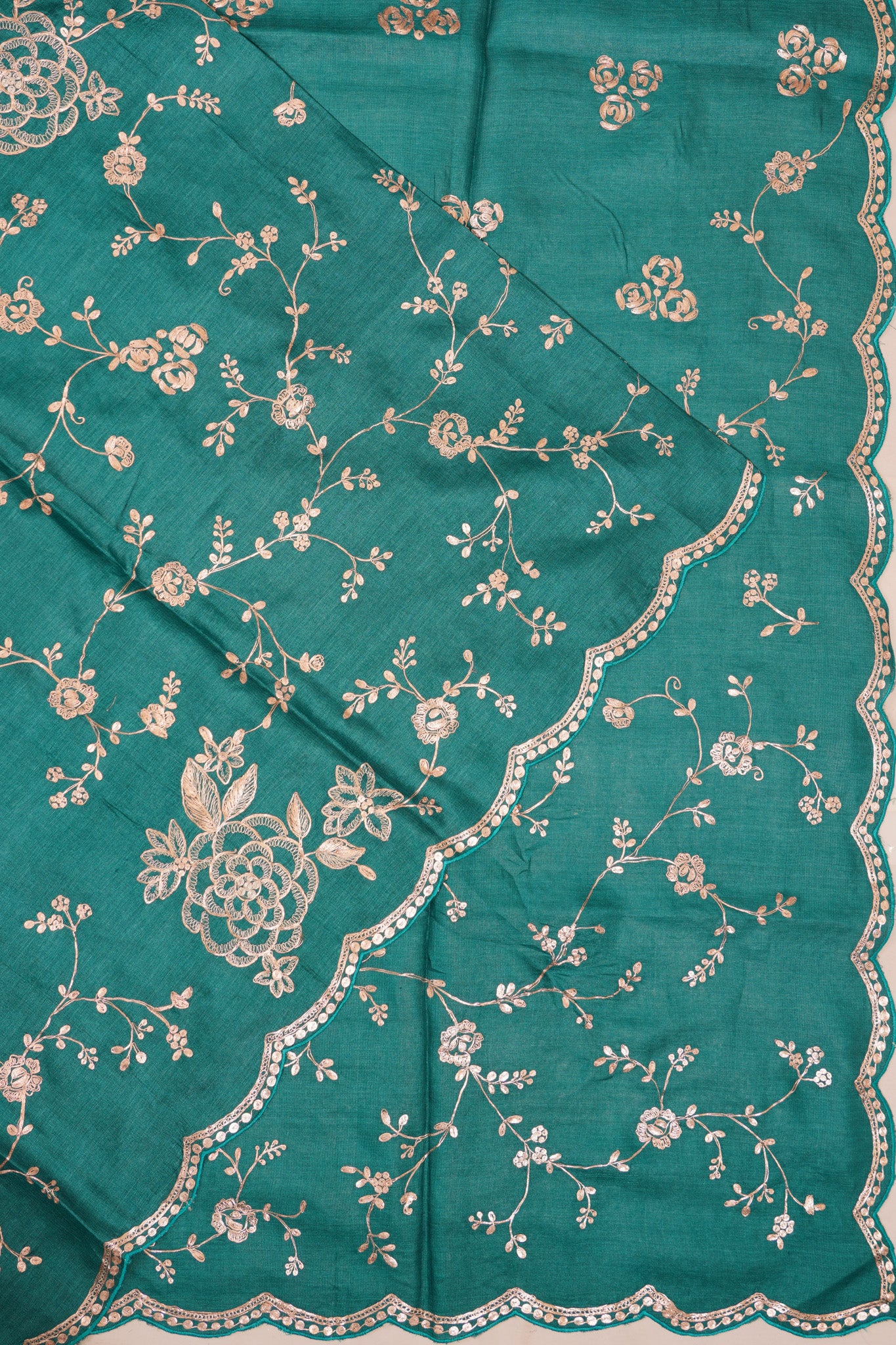 Tussar Embroidery Jaal Green Saree With Scallop Border