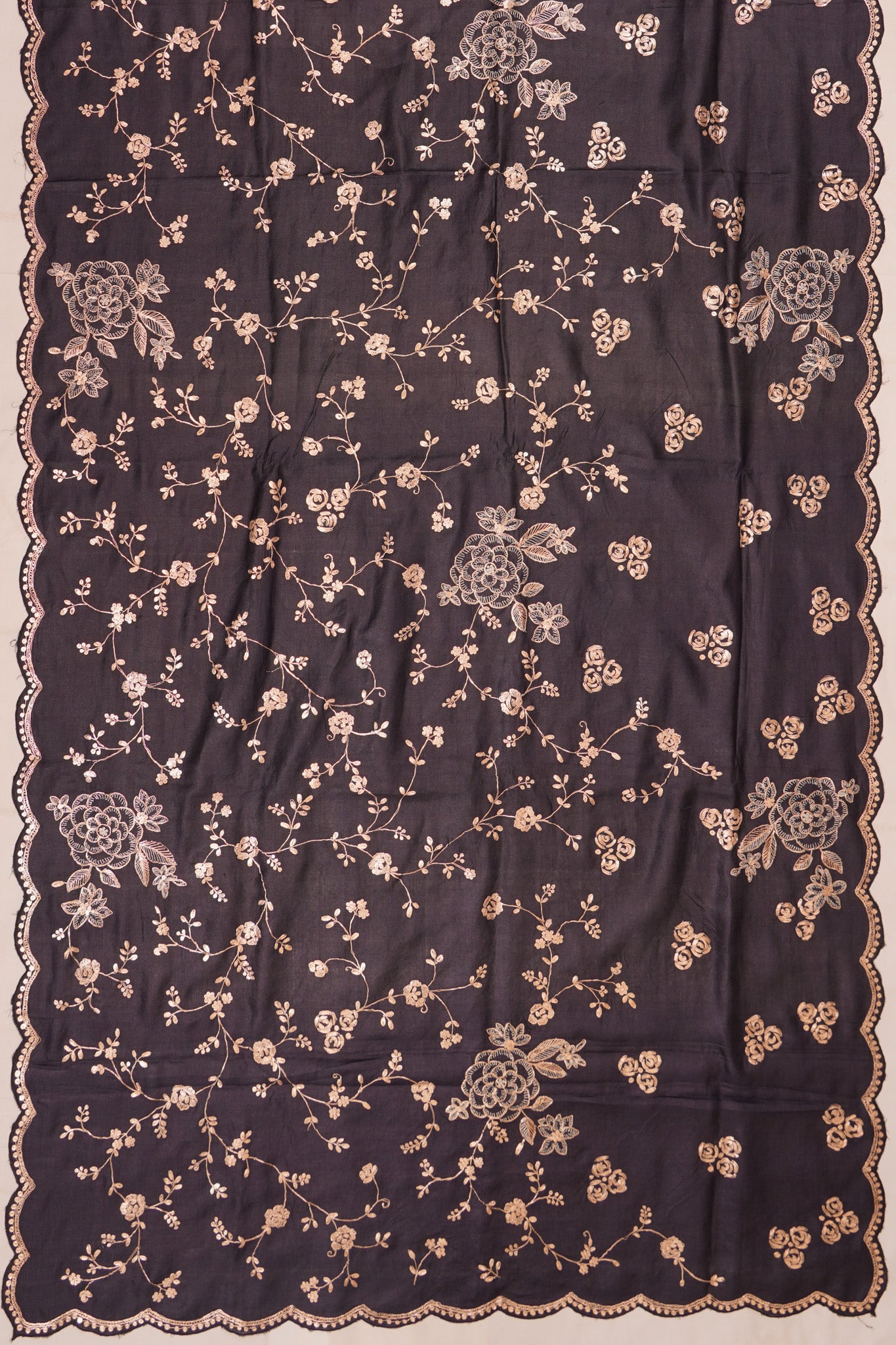 Tussar Embroidery Jaal Black Saree With Scallop Border