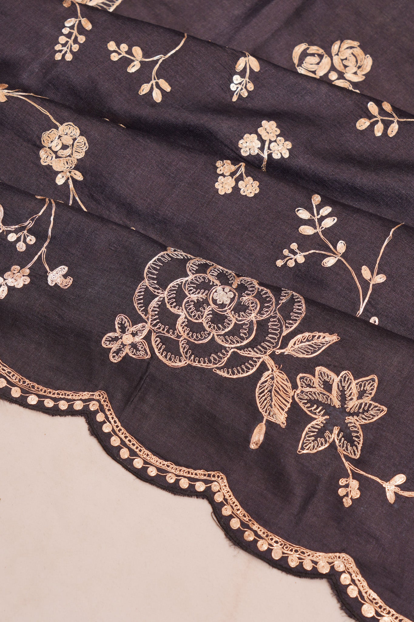 Tussar Embroidery Jaal Black Saree With Scallop Border