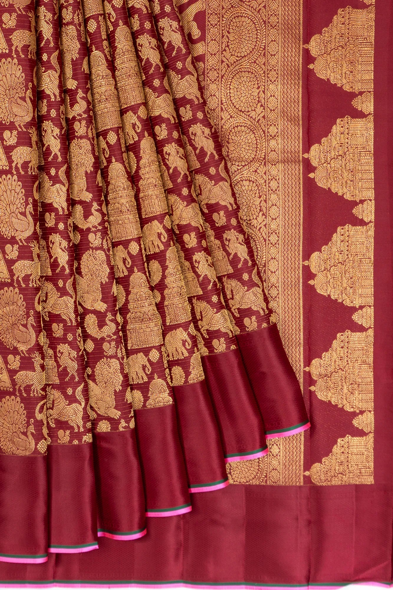 Kanchipuram Silk Lines And Brocade Maroon Saree