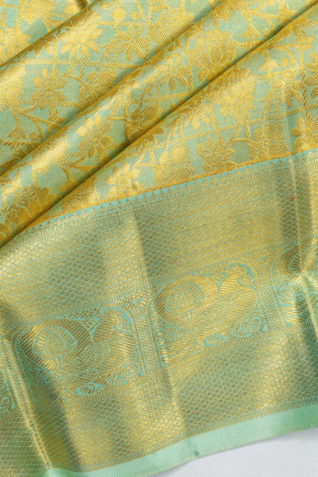 Kanchipuram Silk Tissue Checks And Brocade Sky Blue Saree