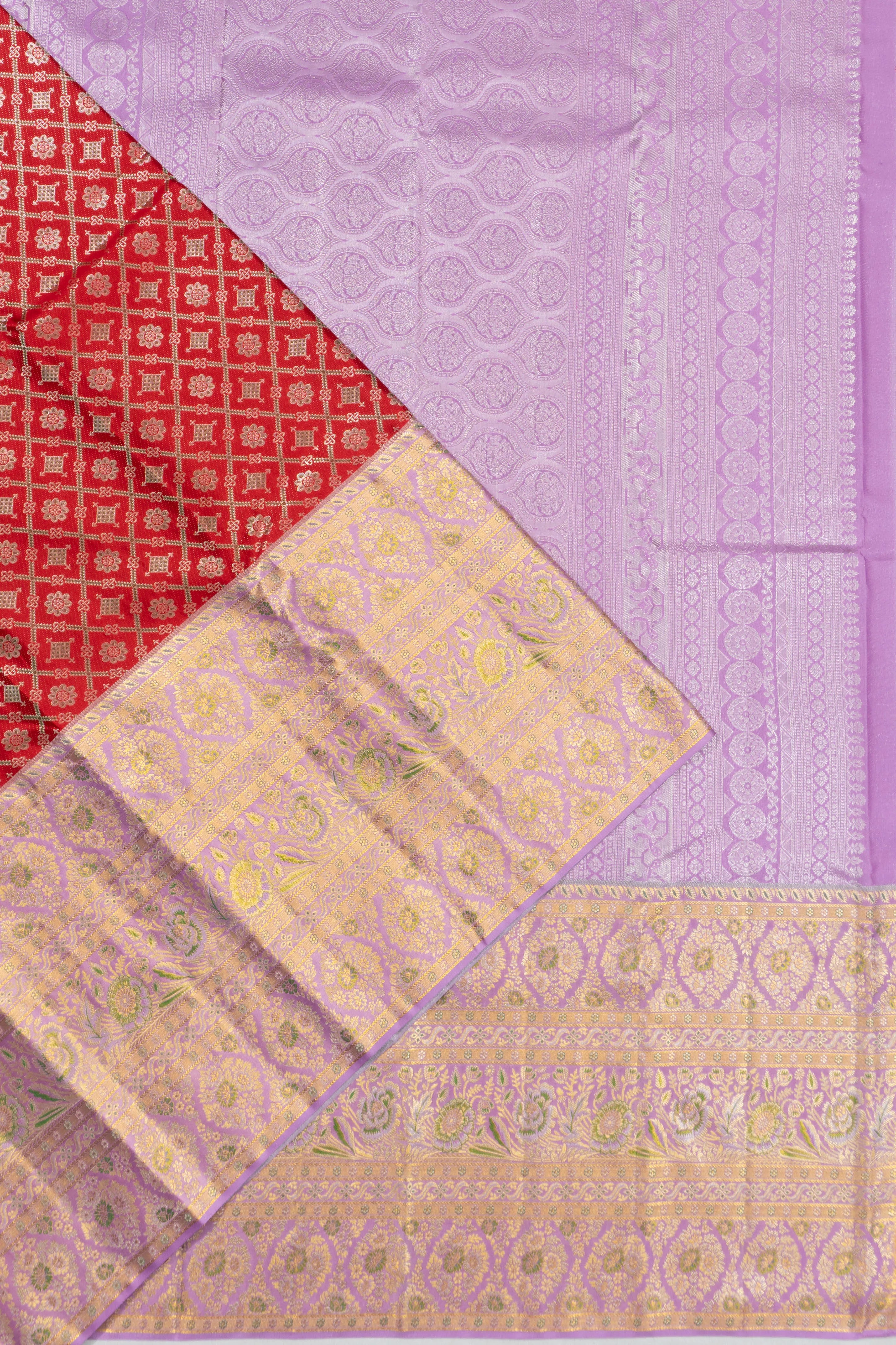 Kanchipuram Silk Criss Cross Checks And Butta Red Saree