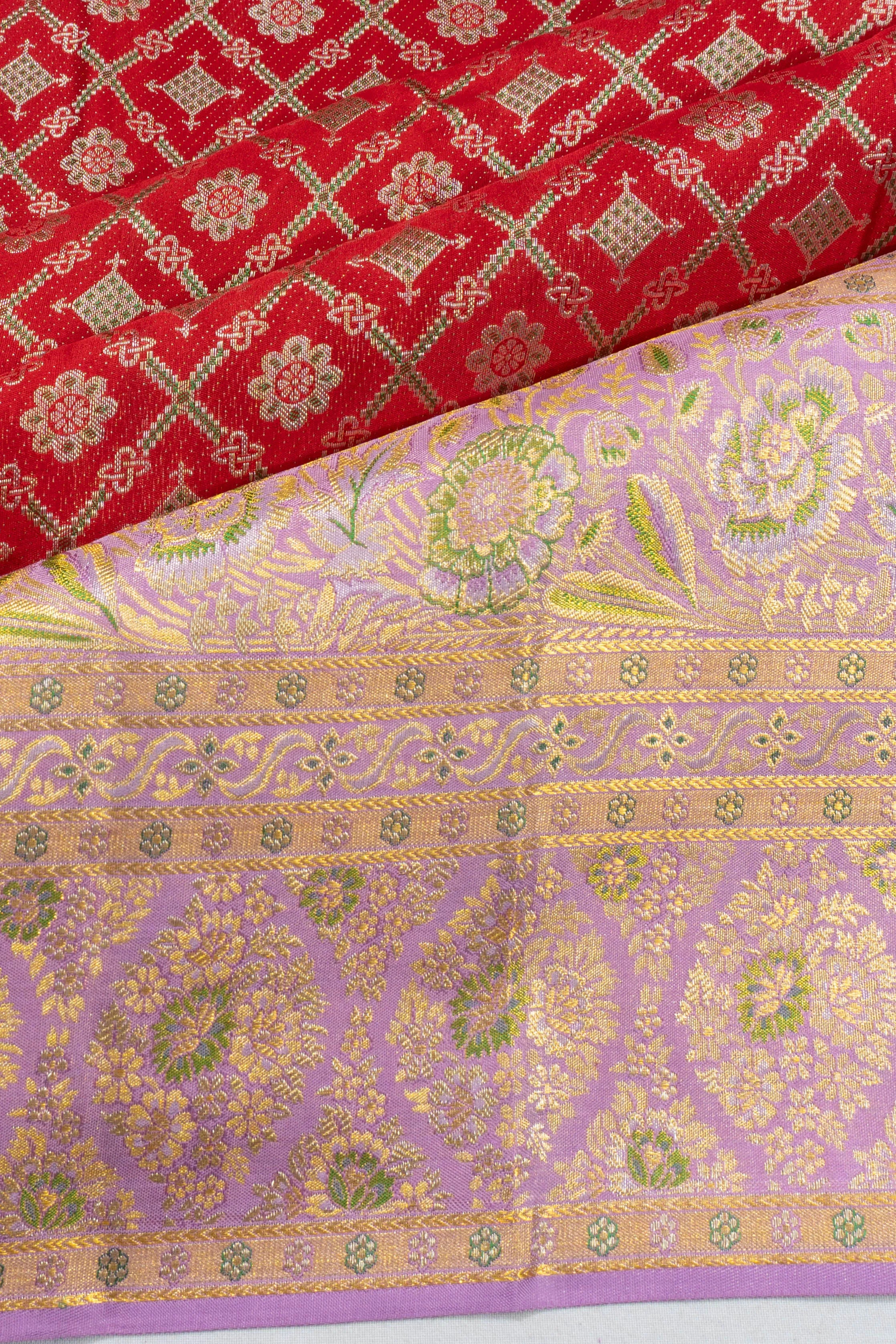 Kanchipuram Silk Criss Cross Checks And Butta Red Saree