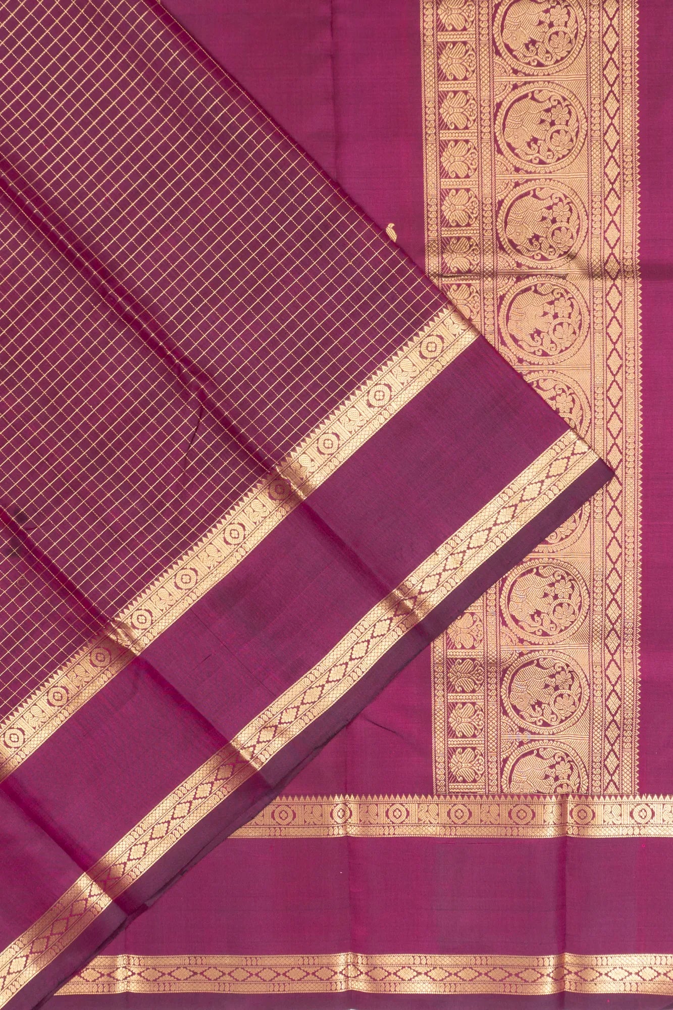 Classic Kanchipuram Silk Checks Purple Saree With Rettai Pettu Border