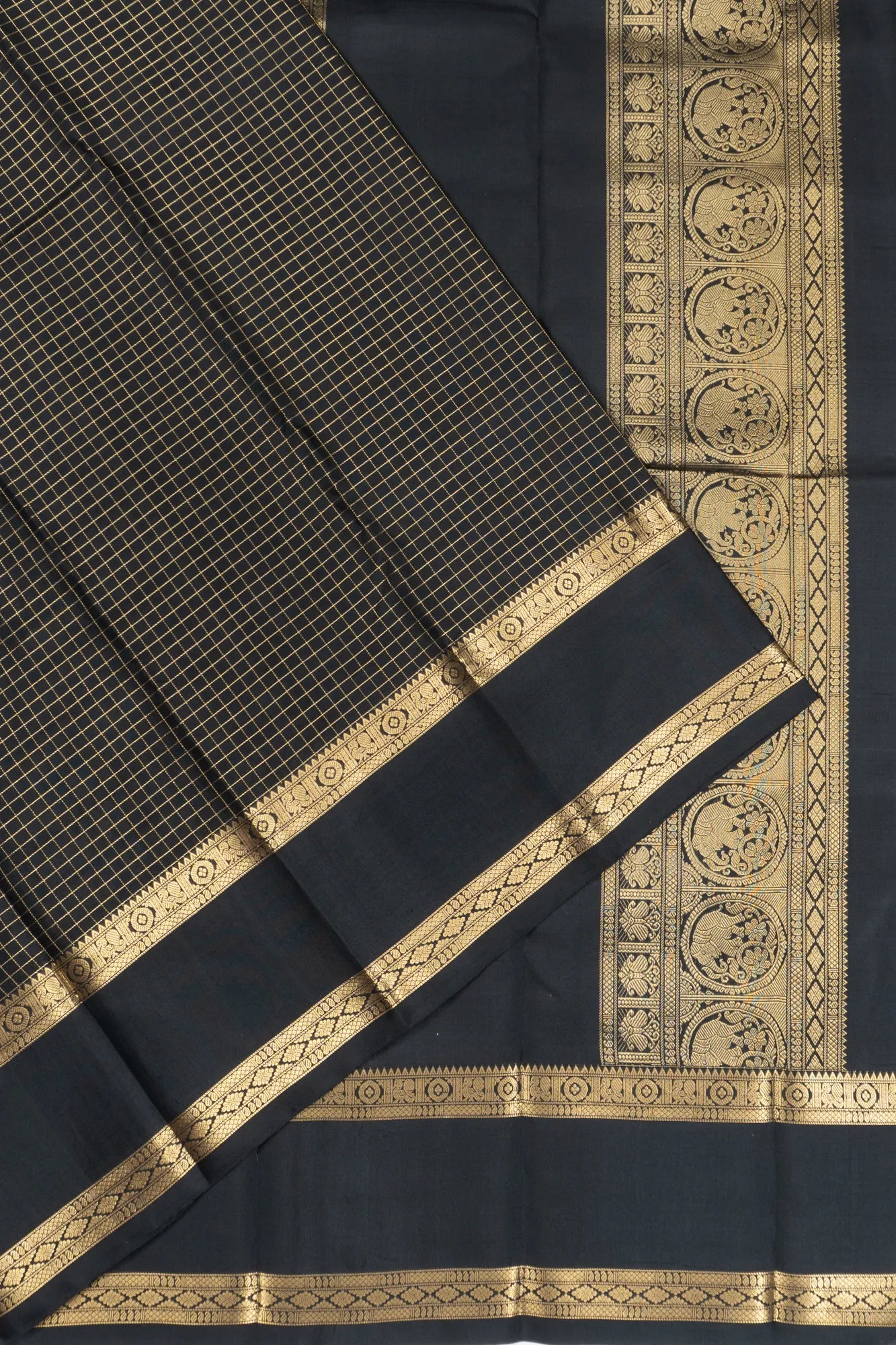 Classic Kanchipuram Silk Checks Black Saree With Rettai Pettu Border