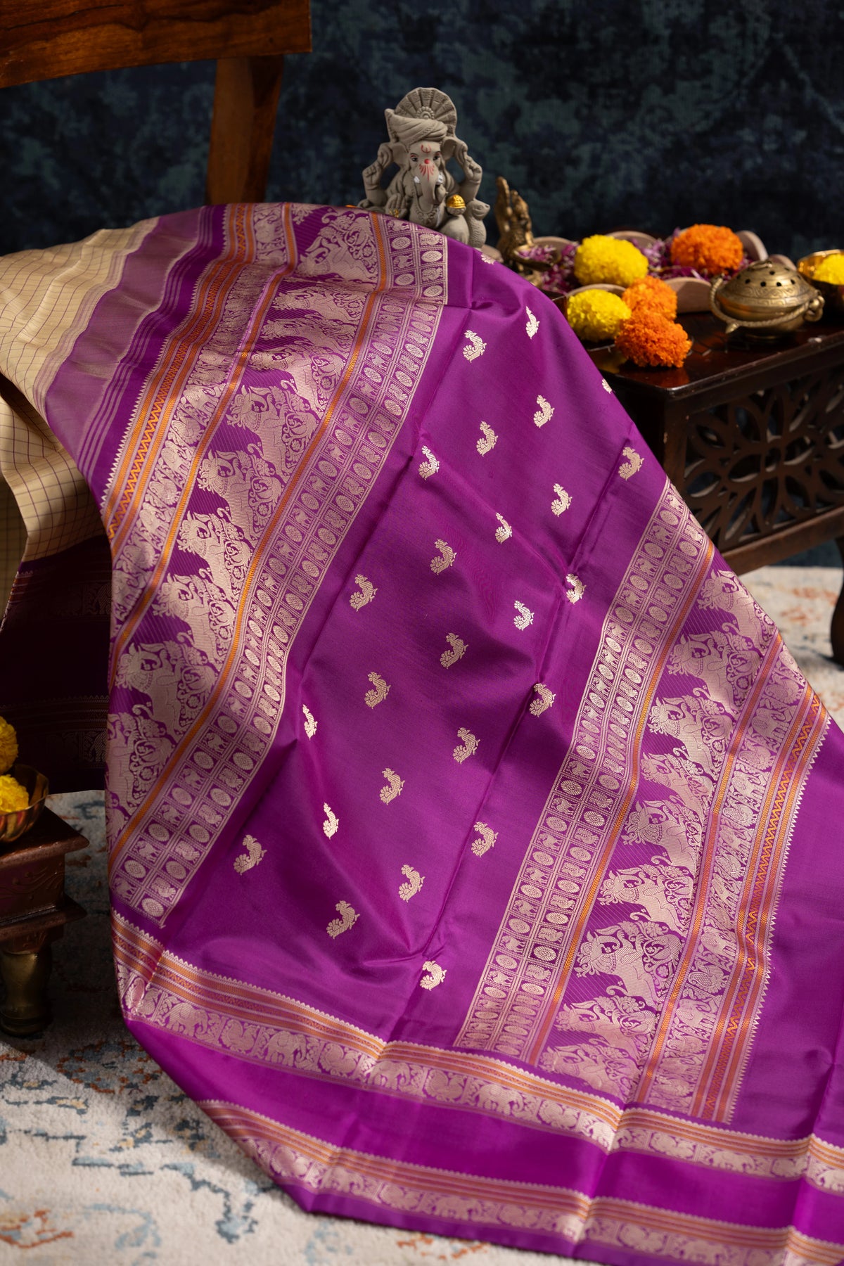 Classic Zero Zari Kanchipuram Silk Checks Lemon Yellow Saree