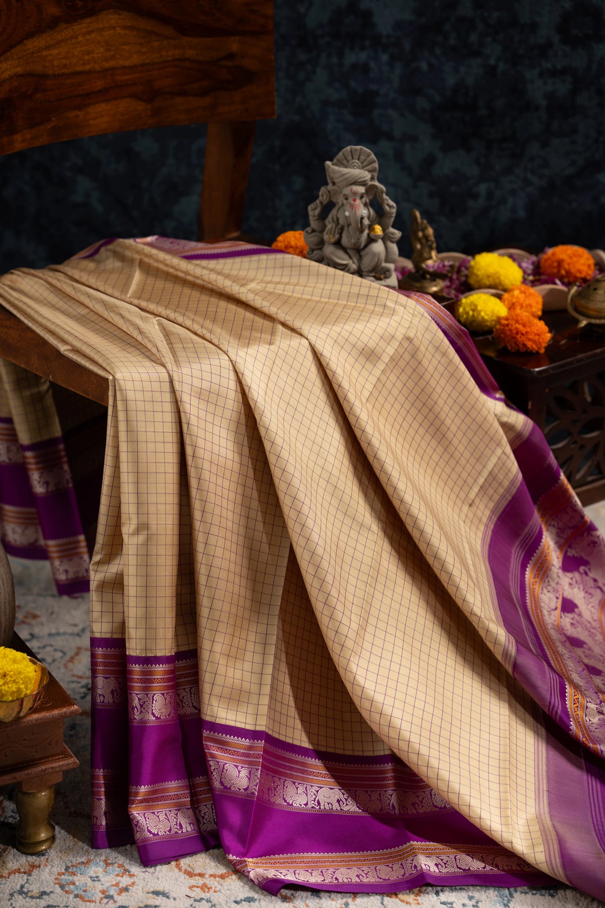 Classic Zero Zari Kanchipuram Silk Checks Lemon Yellow Saree