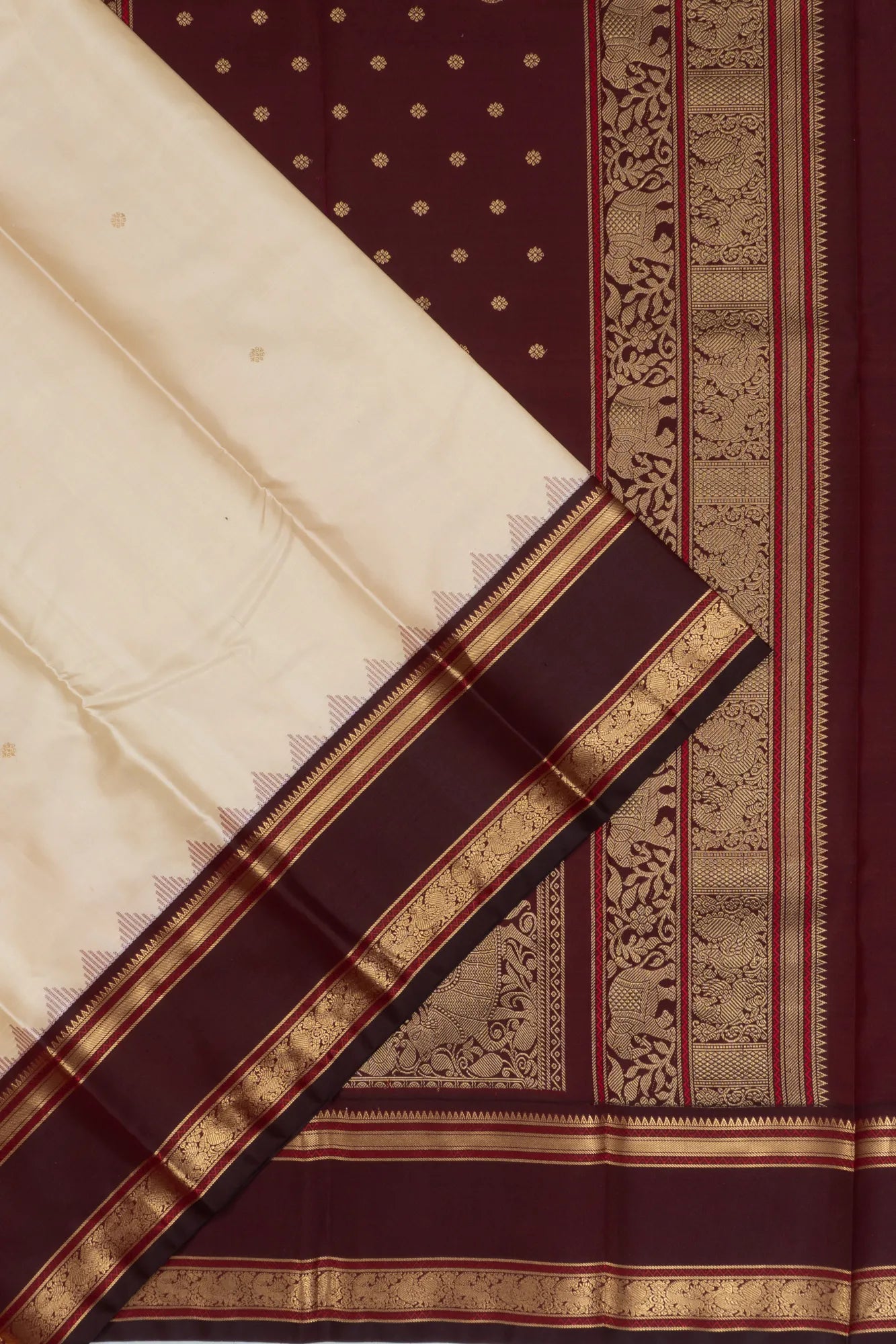 Classic Kanchipuram Silk Butta Cream Saree With Rettai Pettu Border