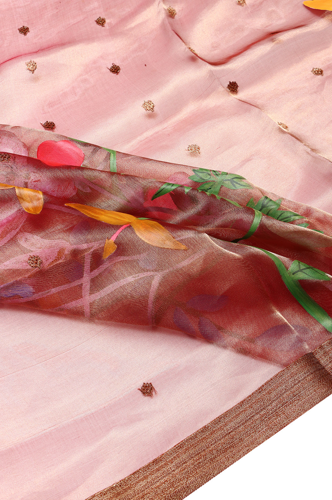 Organza Tissue Butta Pink Saree With Hand Painted