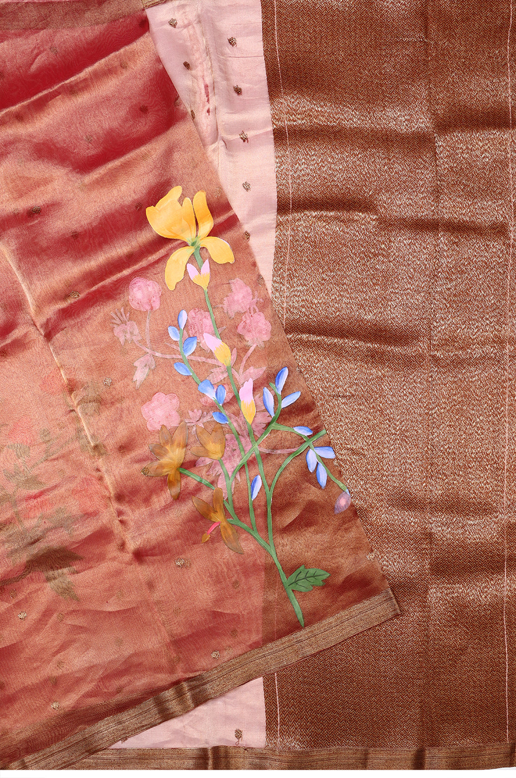 Organza Tissue Butta Pink Saree With Hand Painted