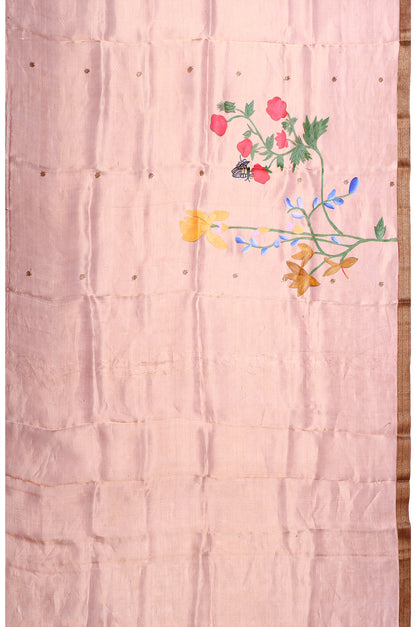 Organza Tissue Butta Pink Saree With Hand Painted