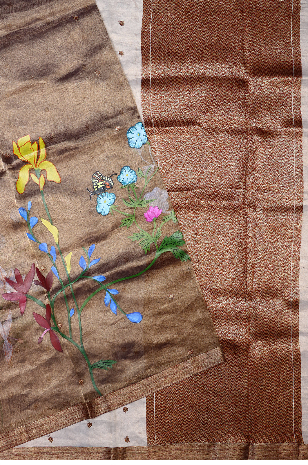 Organza Tissue Butta Brown Saree With Hand Painted