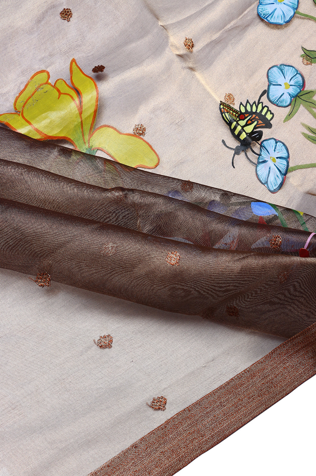 Organza Tissue Butta Brown Saree With Hand Painted