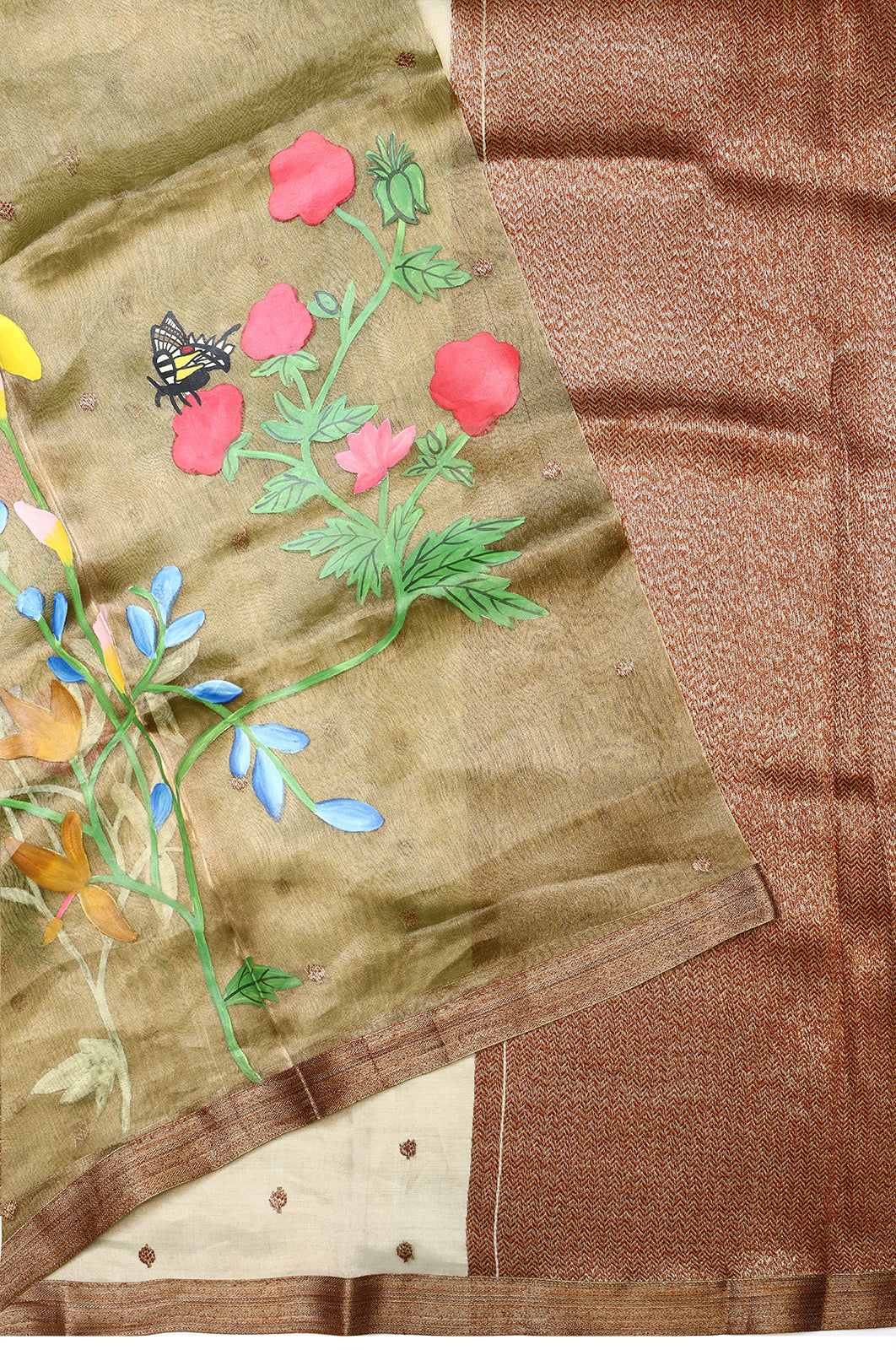 Organza Tissue Butta Yellow Saree With Hand Painted