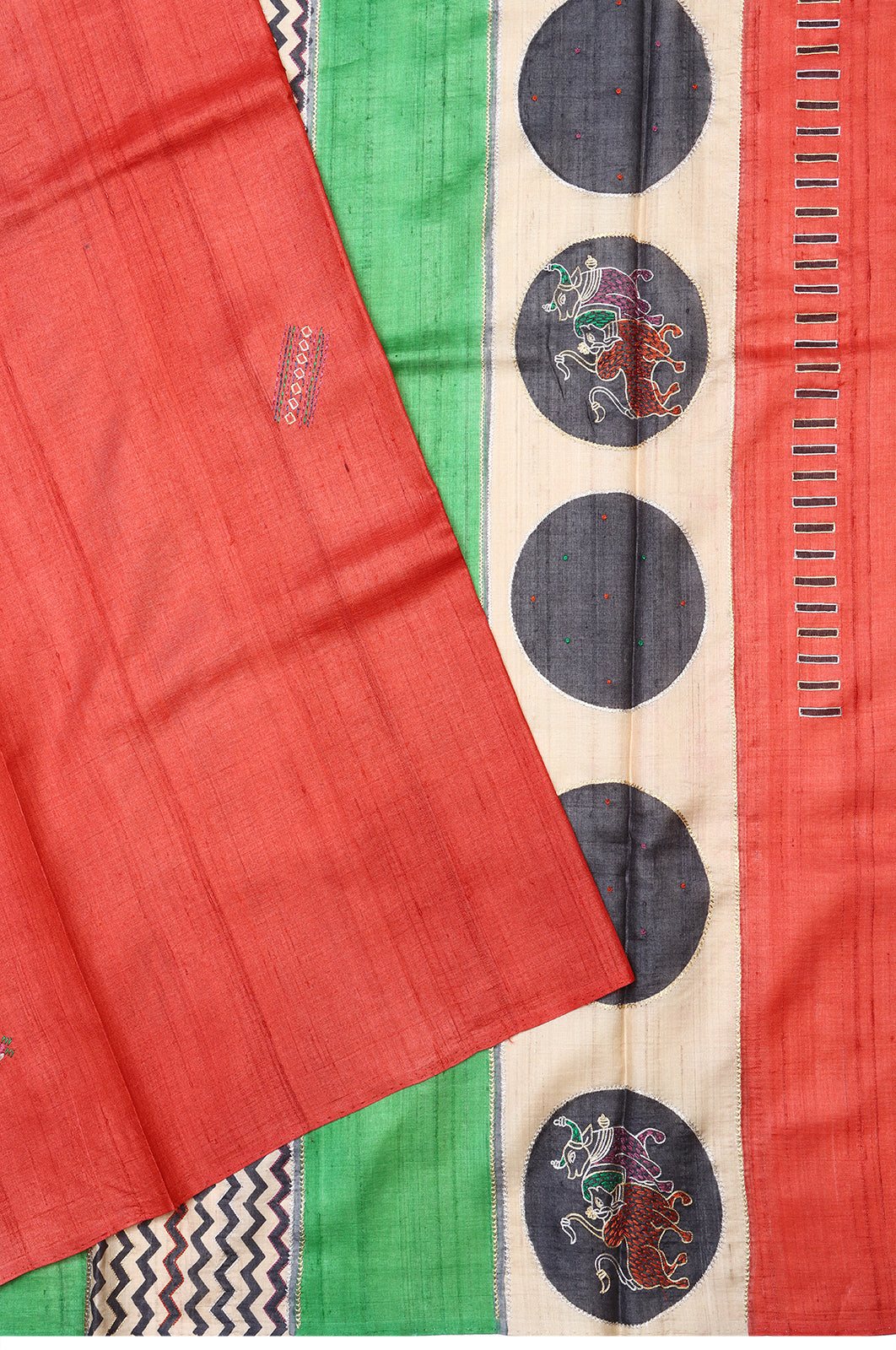 Tussar Embroidery Butta Brick Red Saree