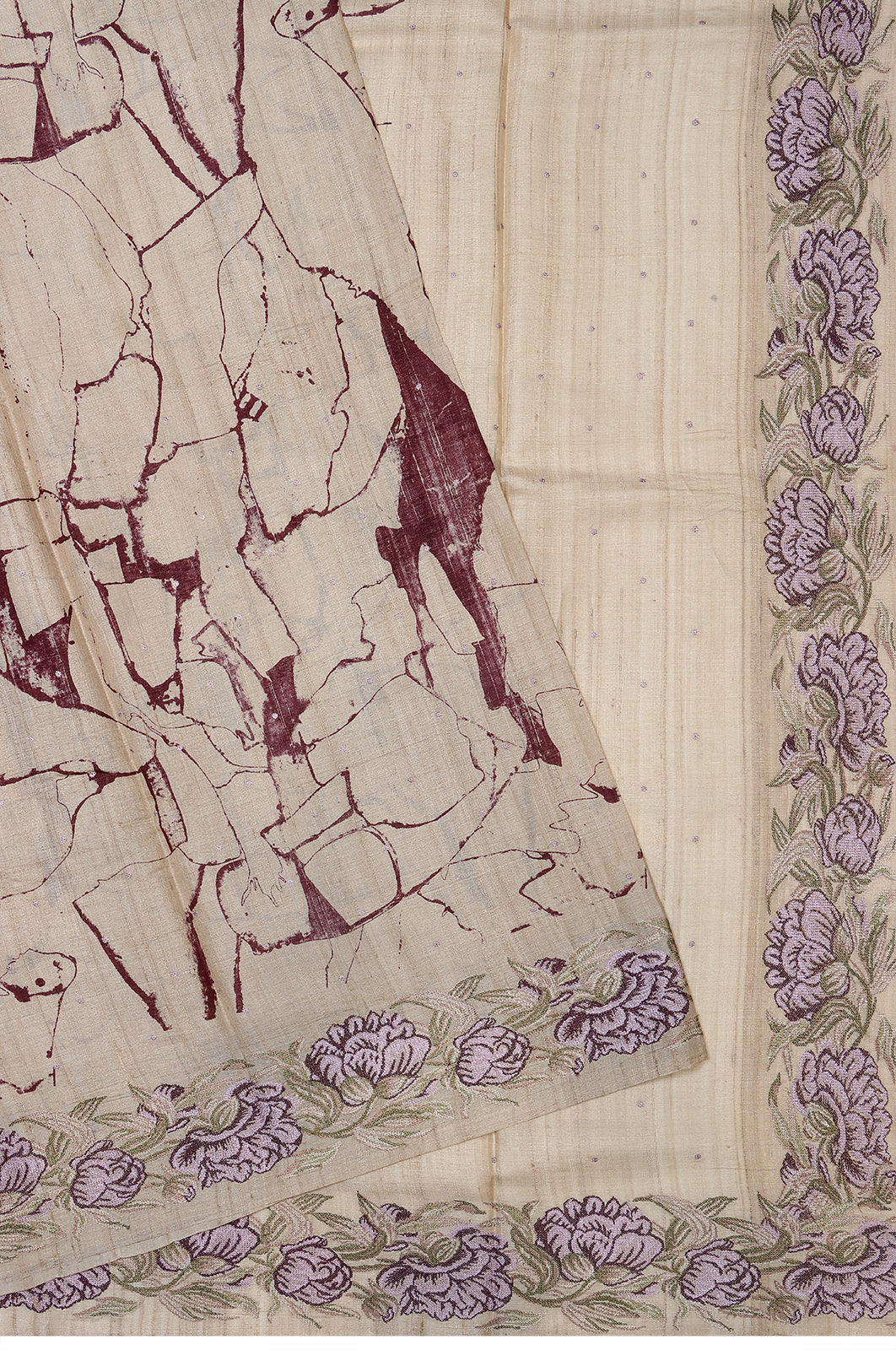 Tussar Printed Cream Saree With Embroidery Border