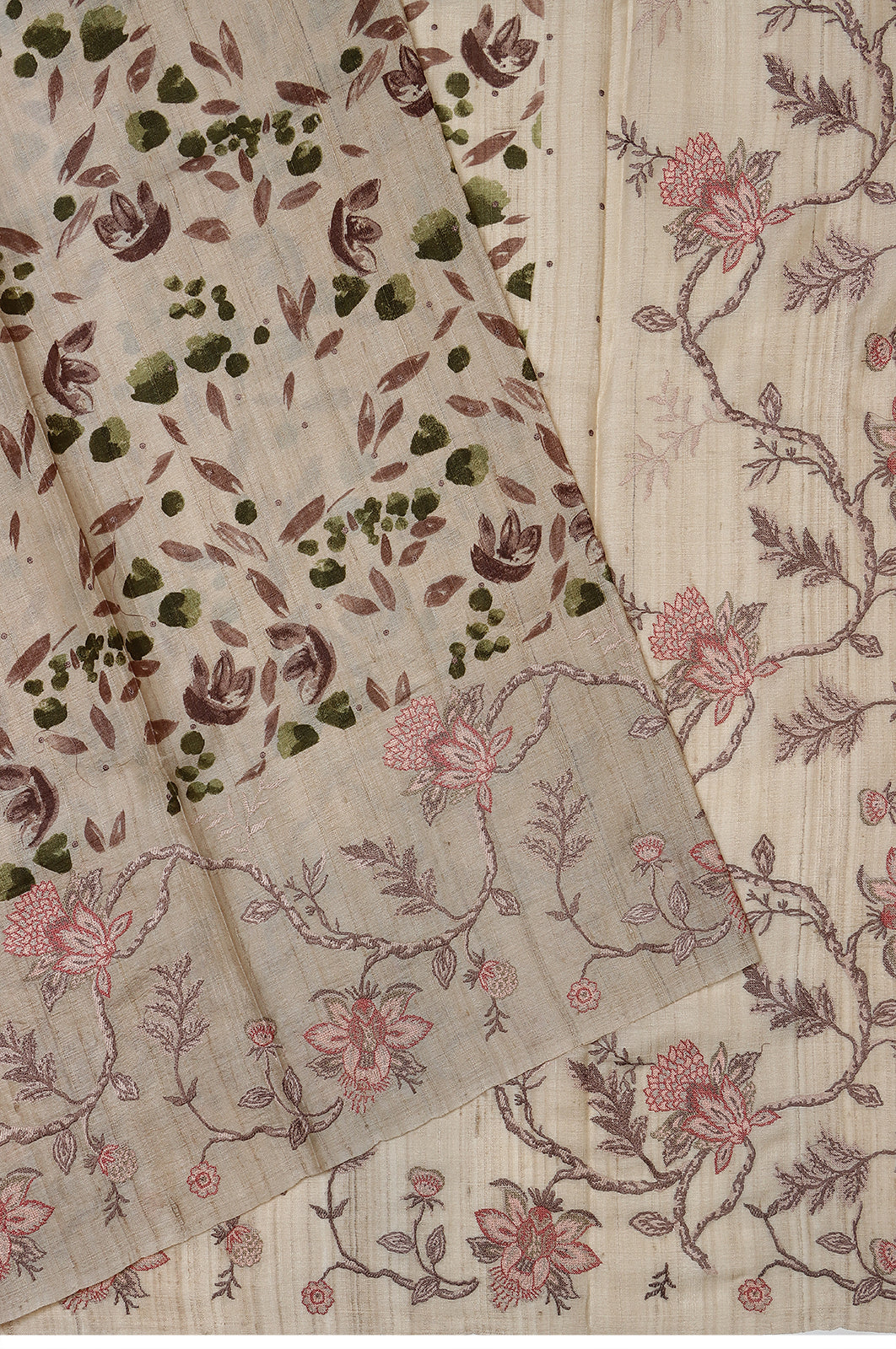 Tussar Printed Cream Saree With Embroidery Border