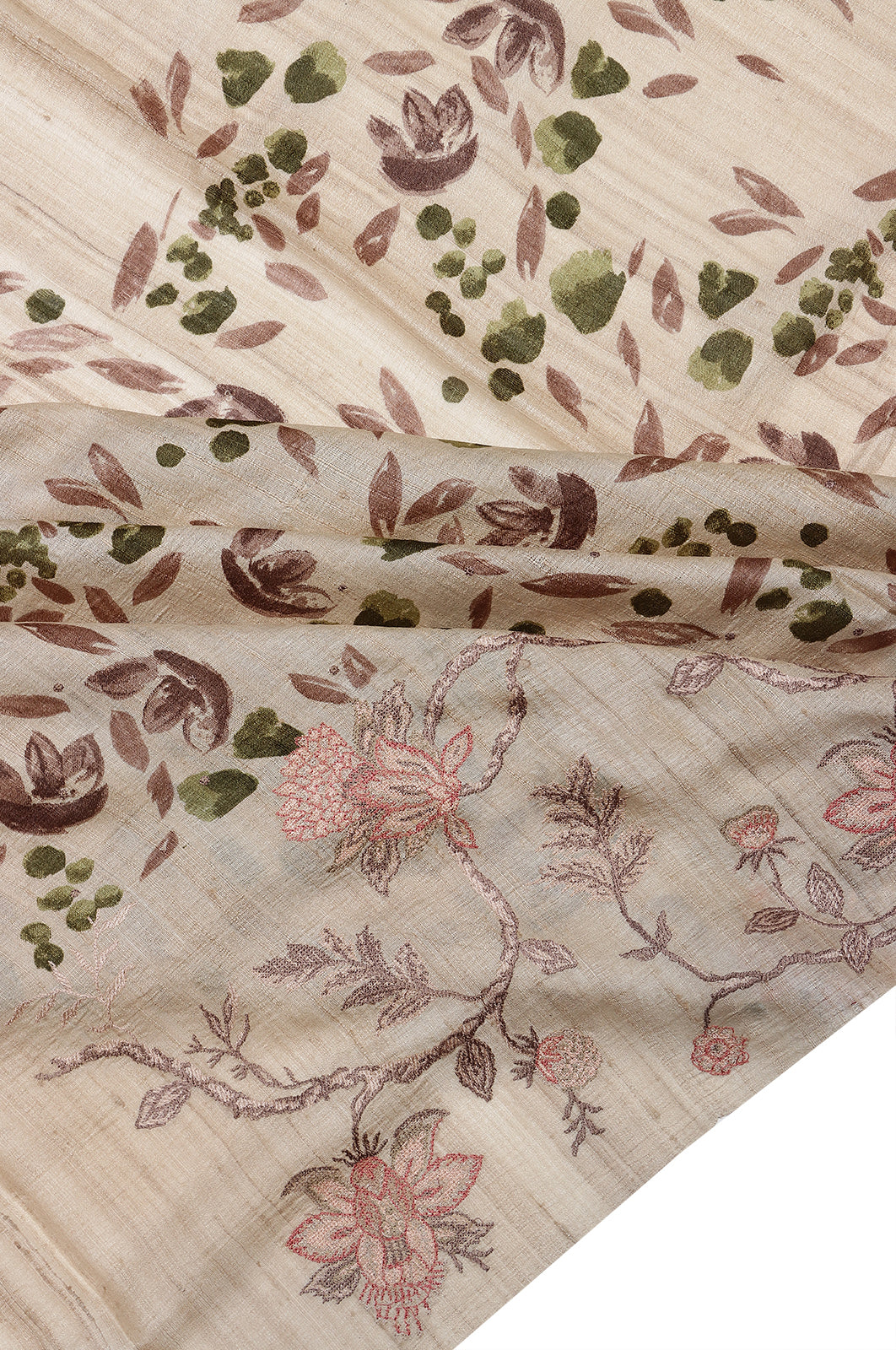 Tussar Printed Cream Saree With Embroidery Border