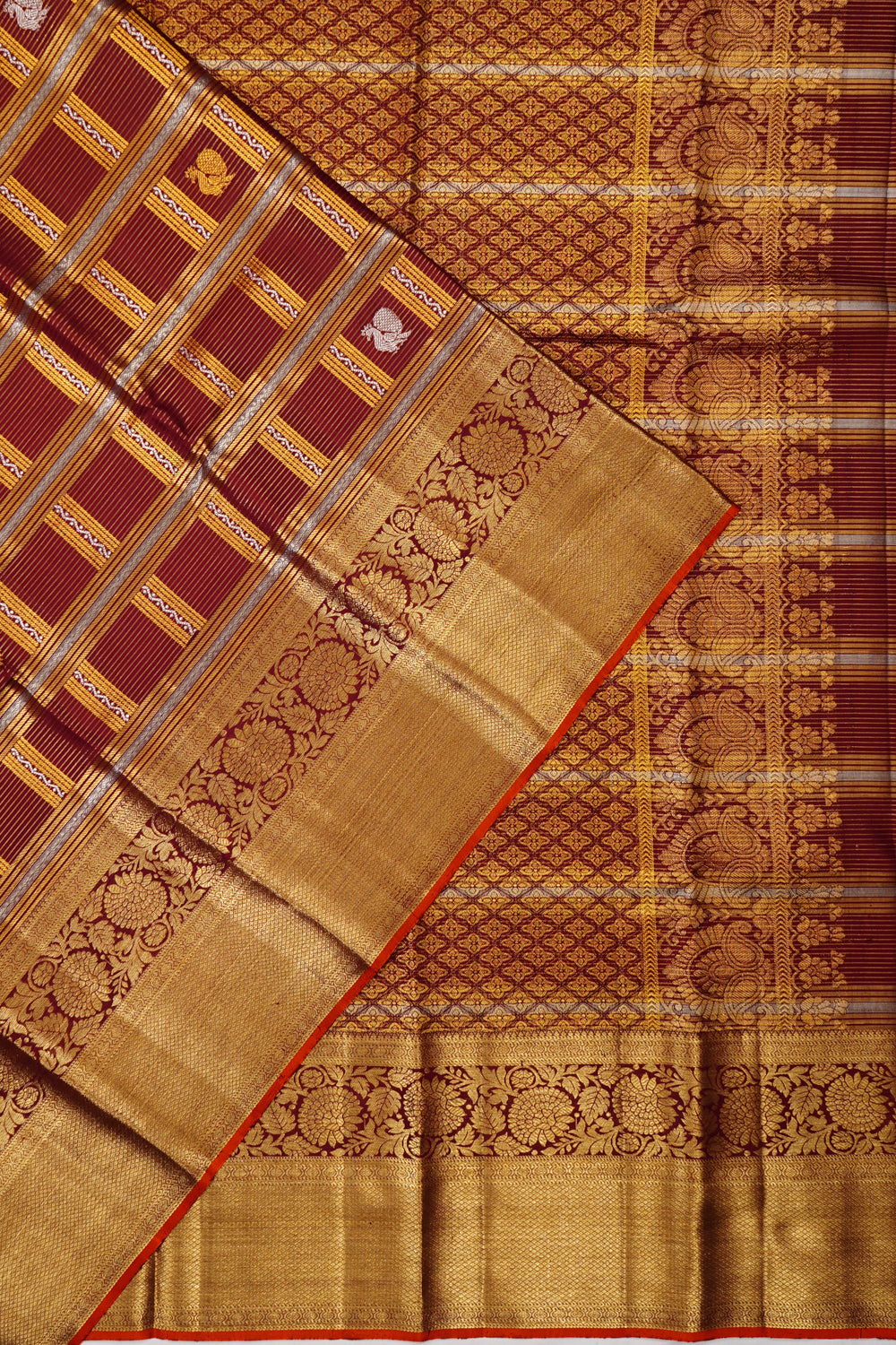 Kanchipuram Silk Checks And Butta Maroon Saree