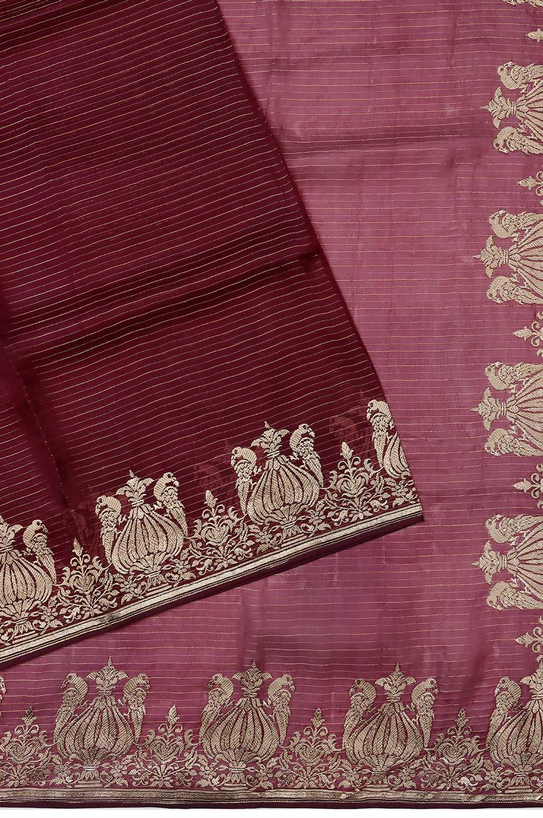 Organza Horizontal Lines Maroon Saree With Embroidery Border