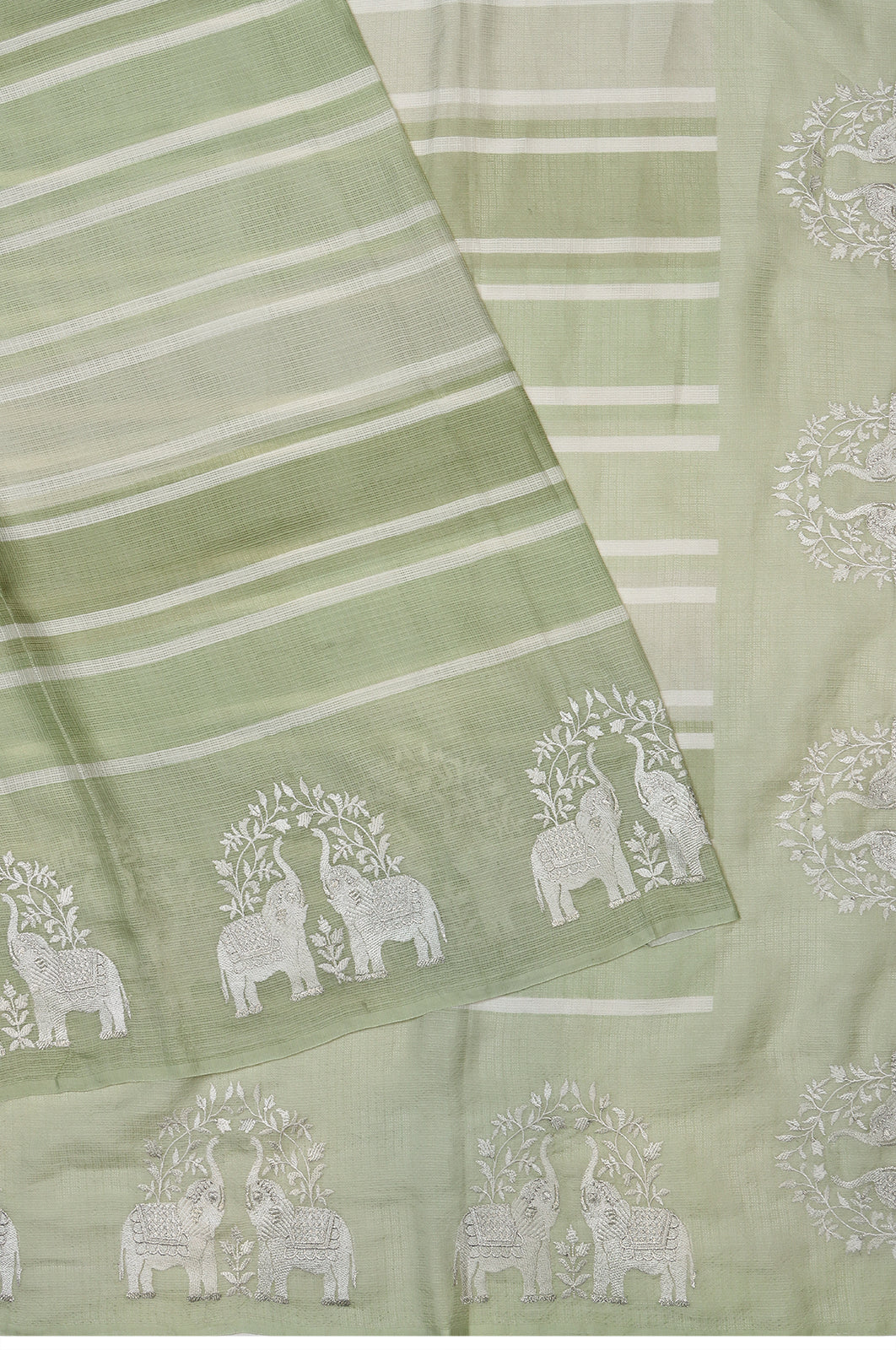 Kota Soft Silk Lines Green Saree With Embroidery Border