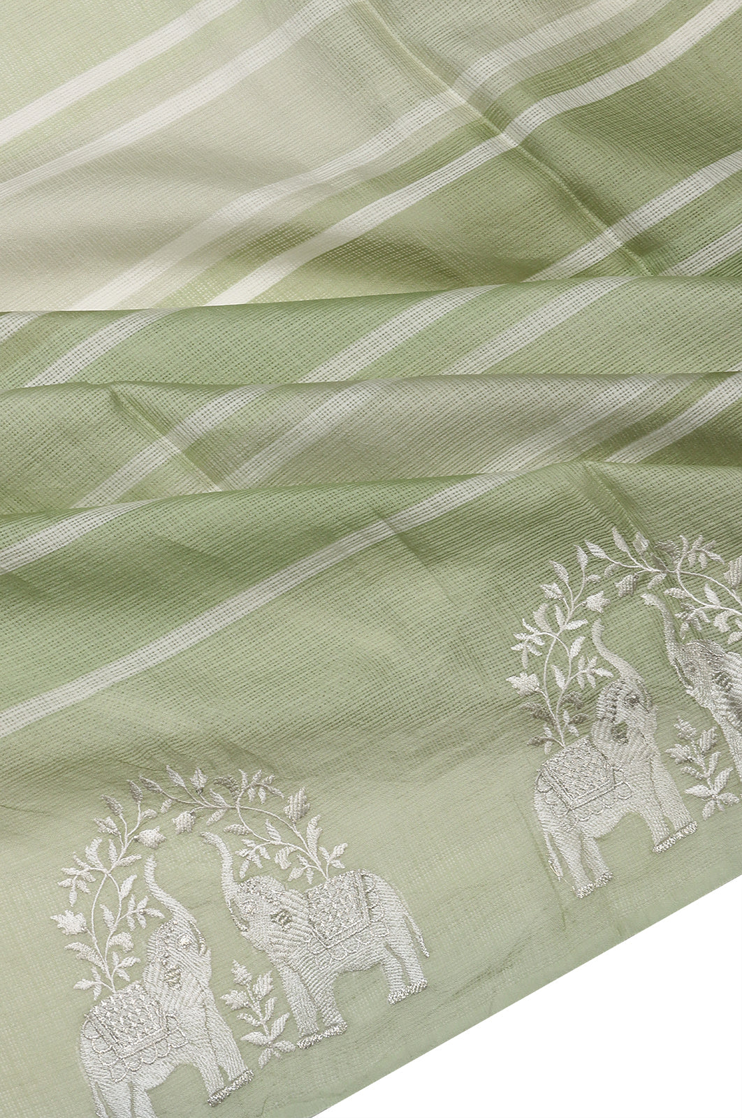 Kota Soft Silk Lines Green Saree With Embroidery Border