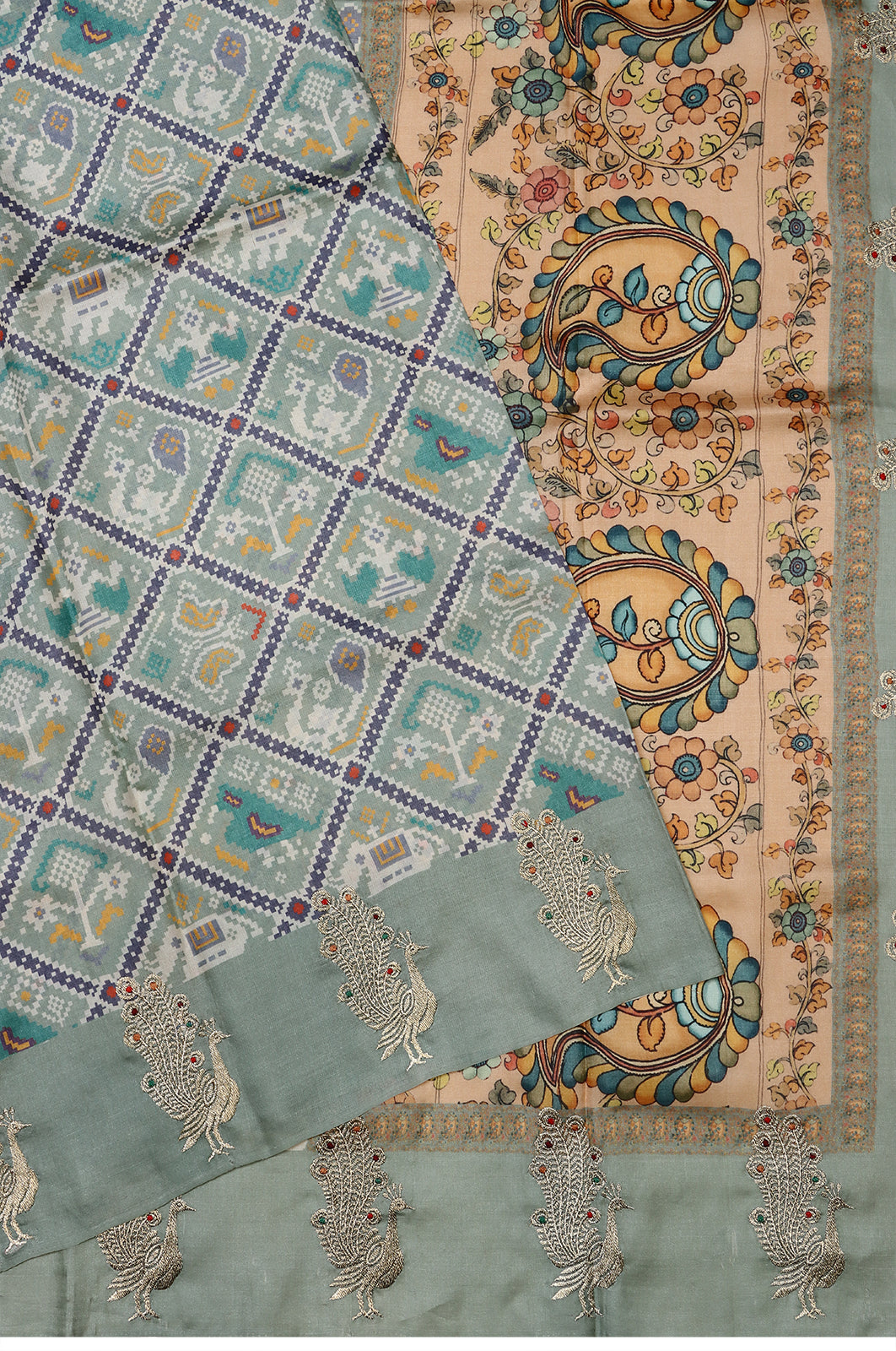 Tussar Printed Grey Saree With Embroidery Border