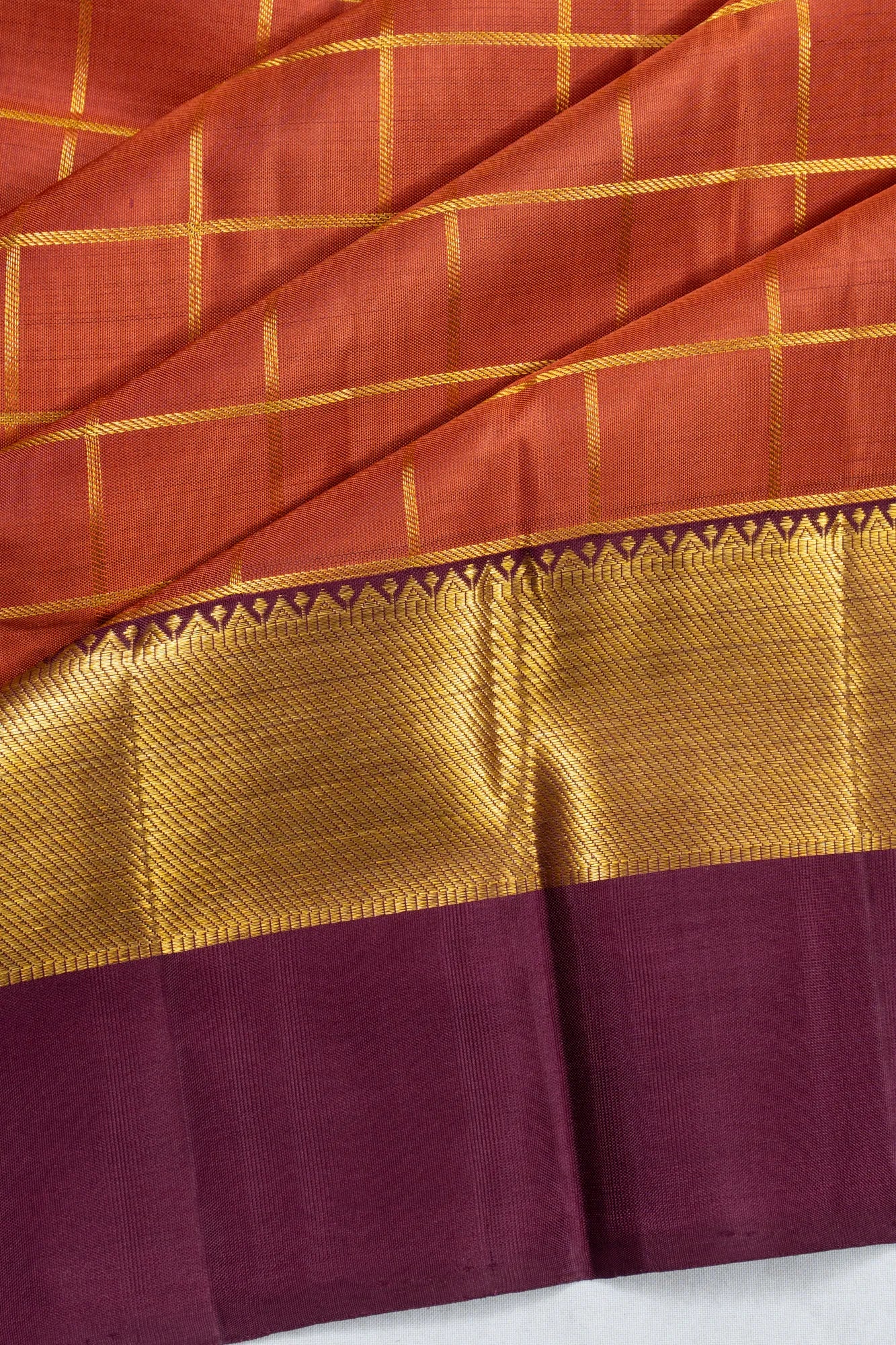 Classic Kanchipuram Silk Checks Rust Orange Saree