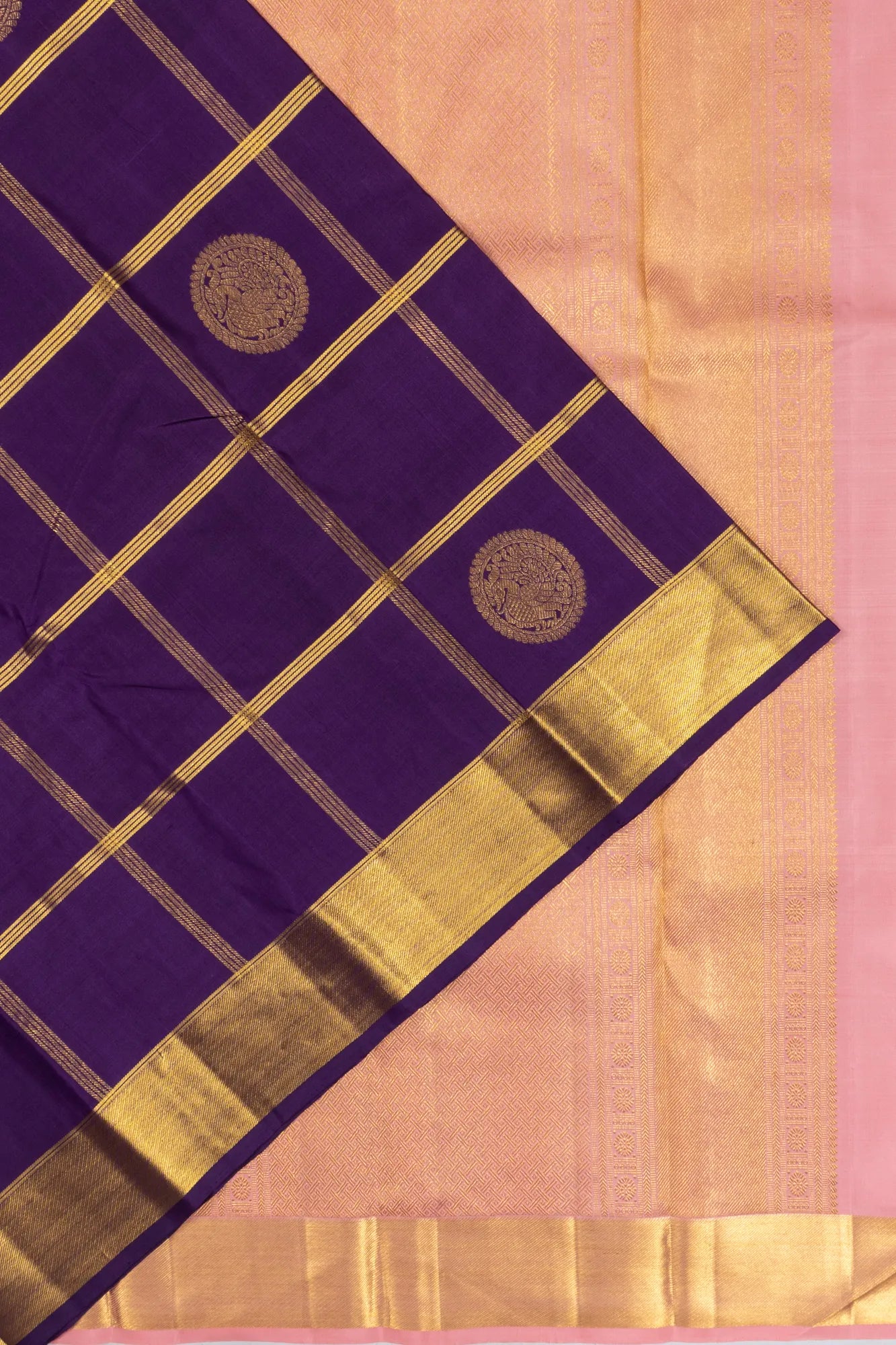 Classic Kanchipuram Silk Checks And Butta Purple Saree