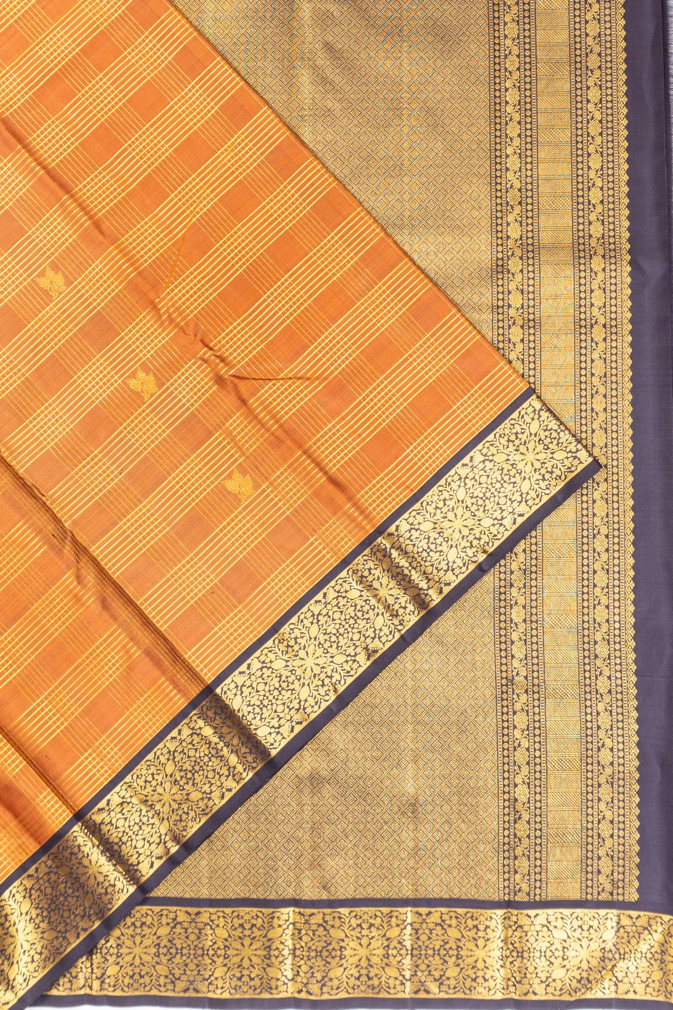 Classic Kanchipuram Silk Checks And Butta Orange Saree