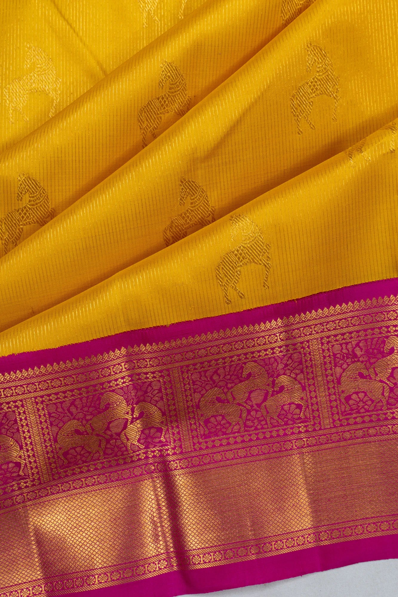 Classic Kanchipuram Silk Lines and Butta Mustard Yellow Saree