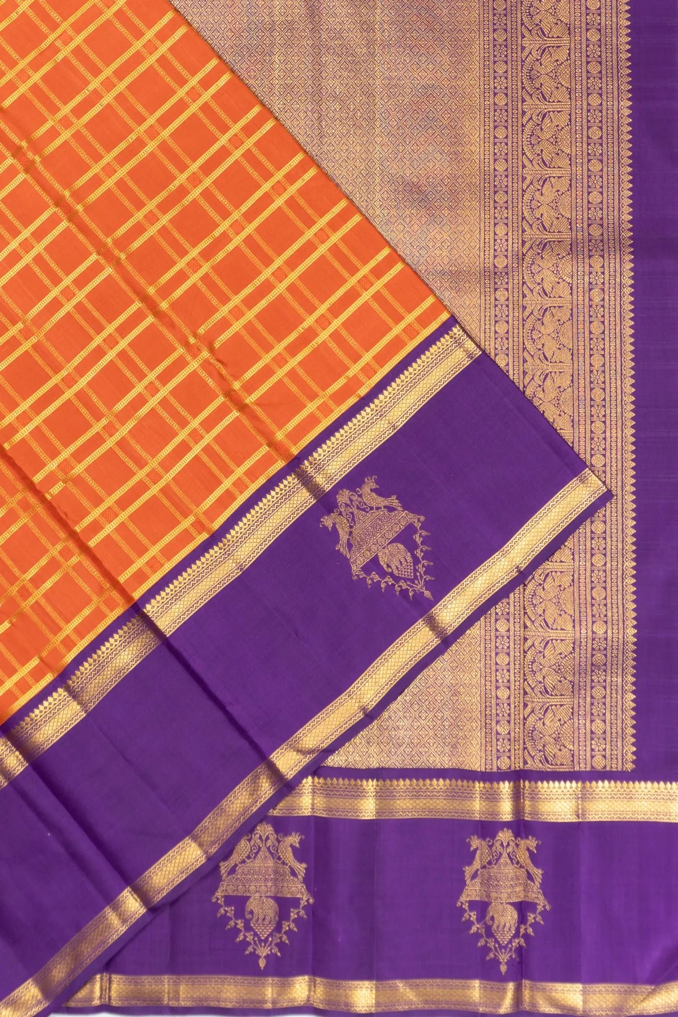Classic Kanchipuram Silk Checks Orange Saree