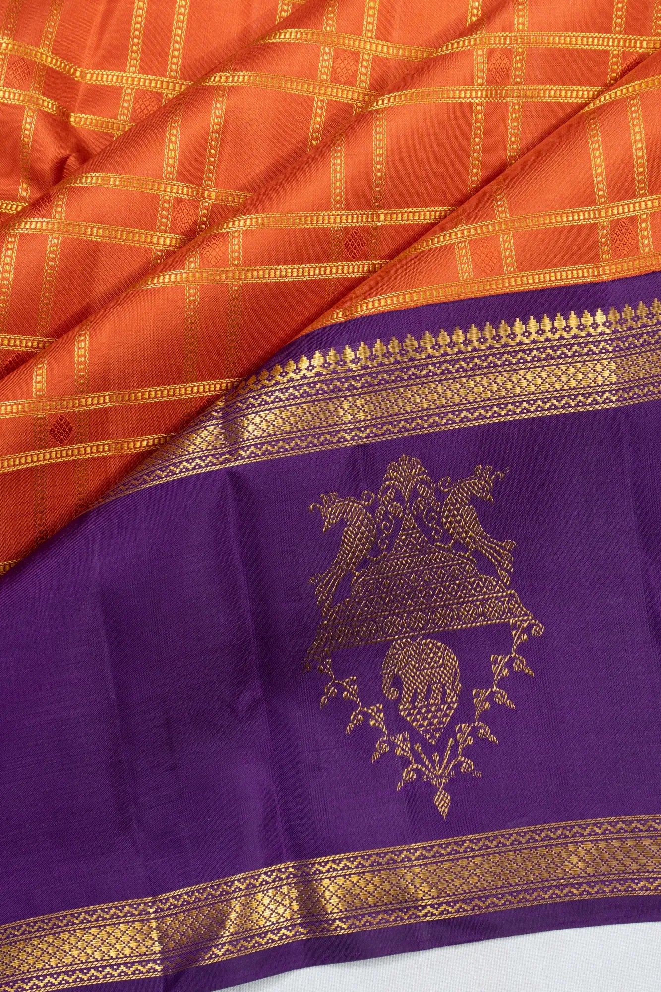 Classic Kanchipuram Silk Checks Orange Saree