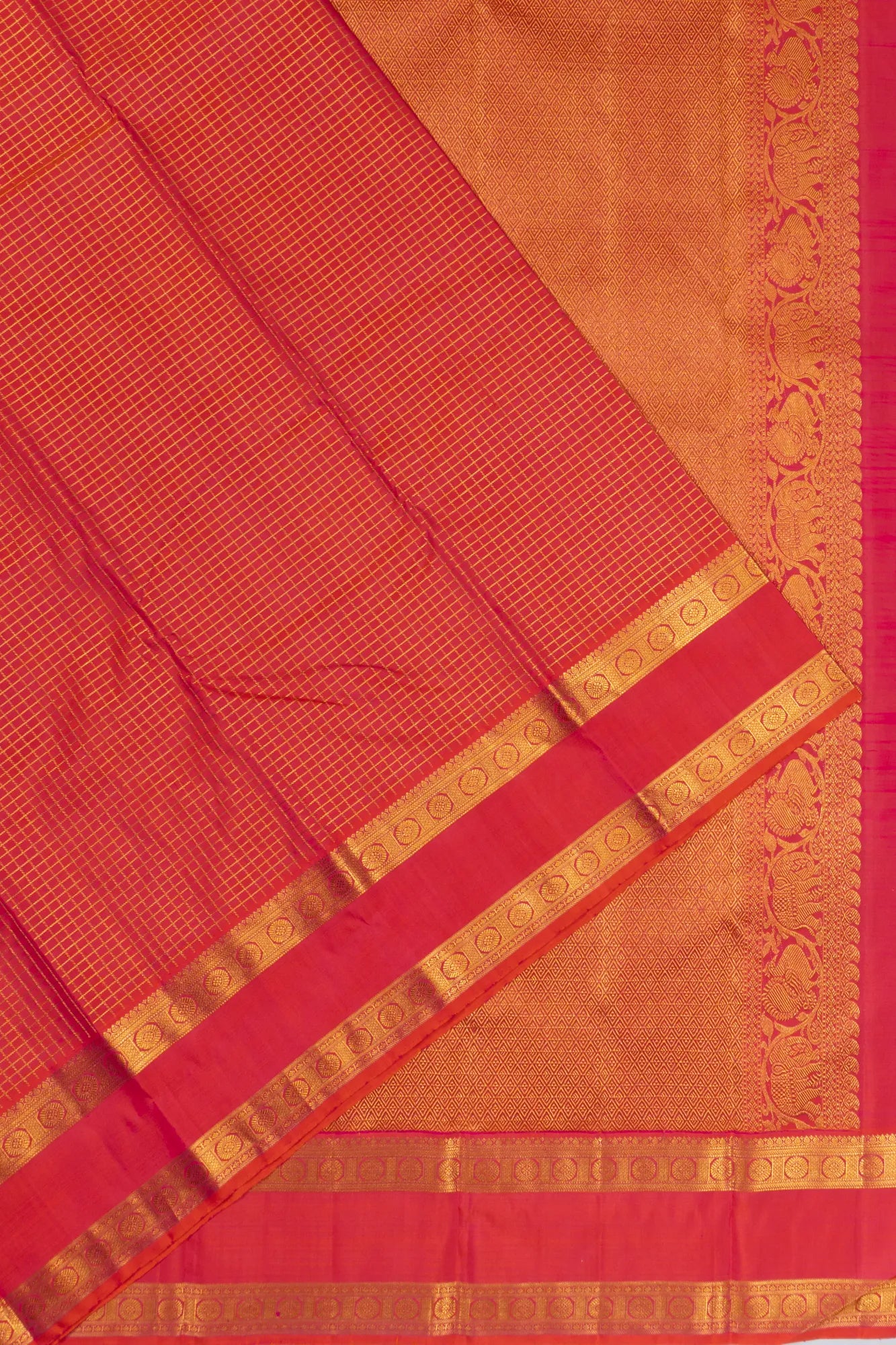 Classic Kanchipuram Silk Checks Pinkish Red Saree