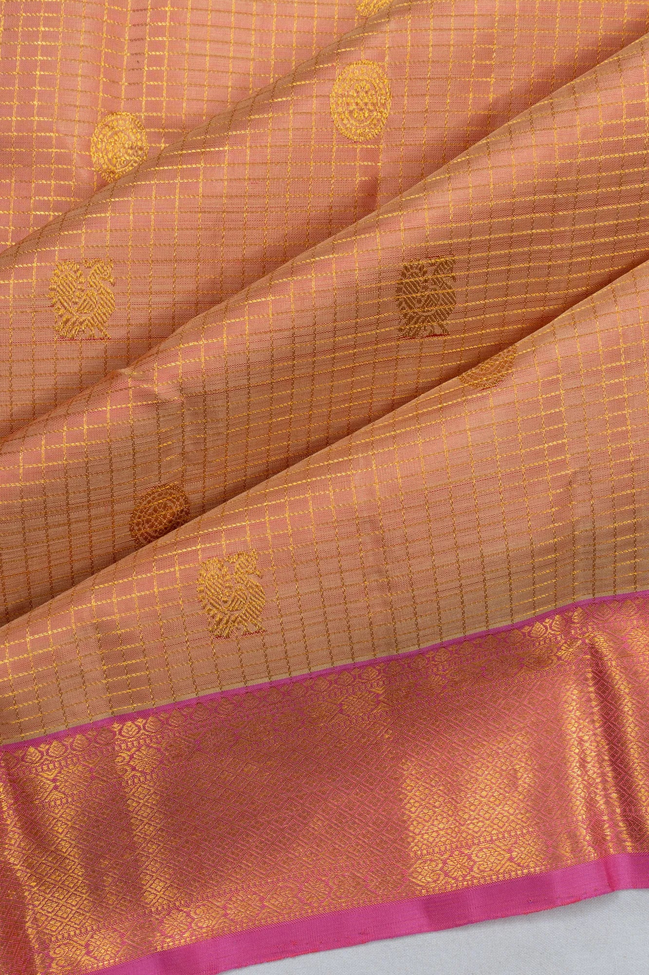 Classic Kanchipuram Check And Butta Khaki Brown Saree