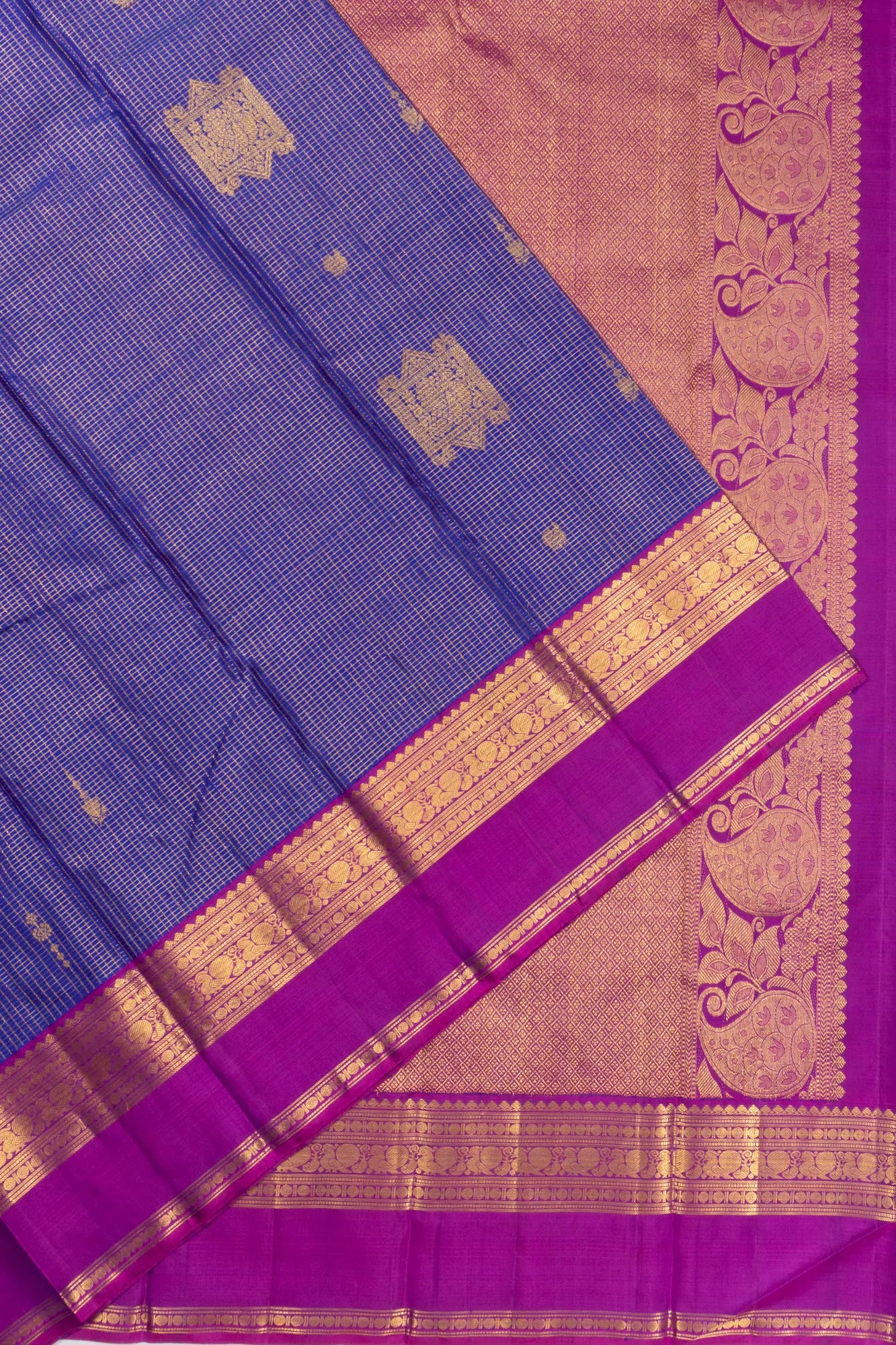 Classic Kanchipuram Silk Checks And Butta Blue Saree